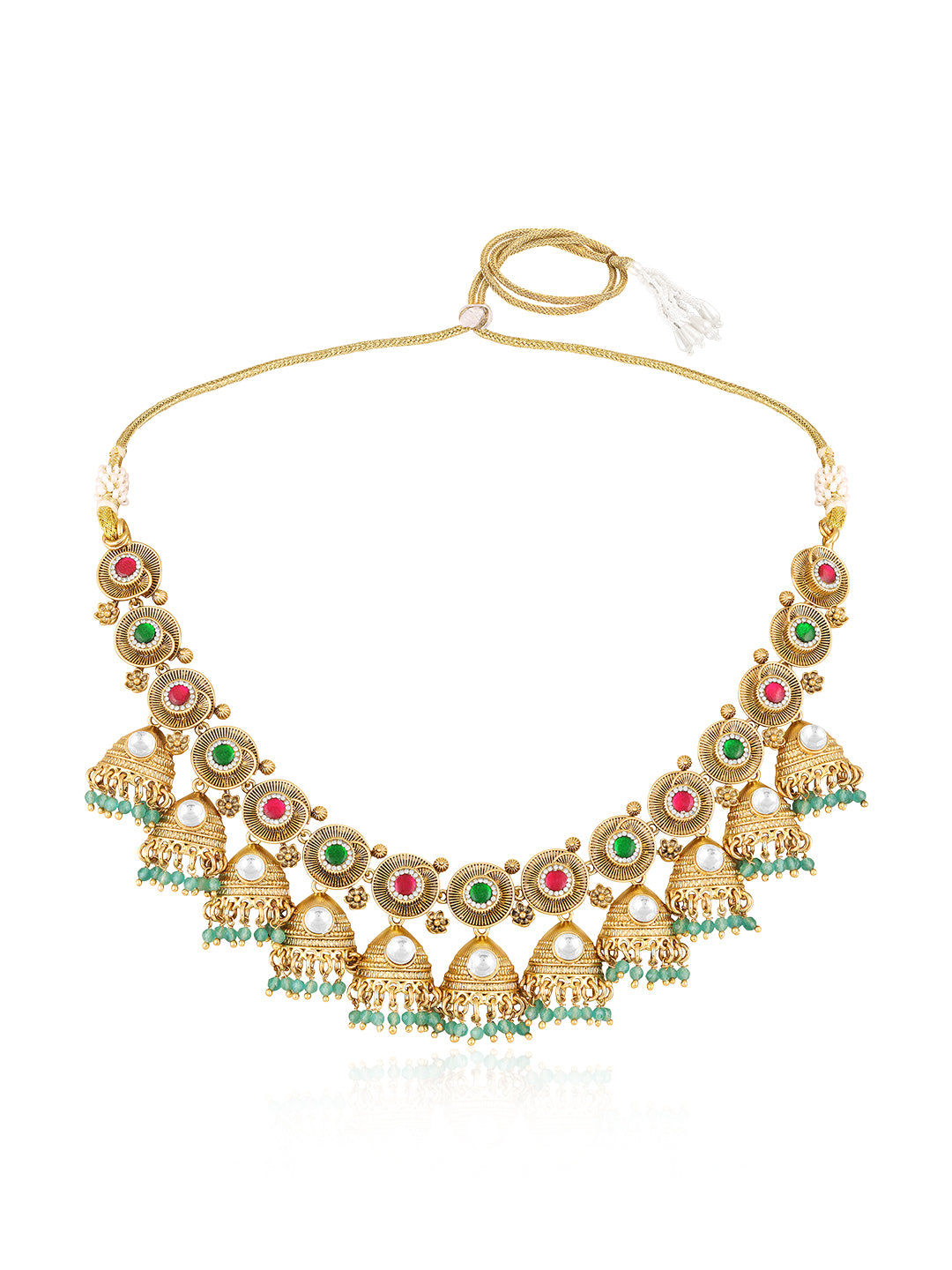 Itrani Rangriti Temple Jhumka With Rani and Green Aventurine Strawberry Necklace Set – Antique Gold Multicolor Bridal Jewellery