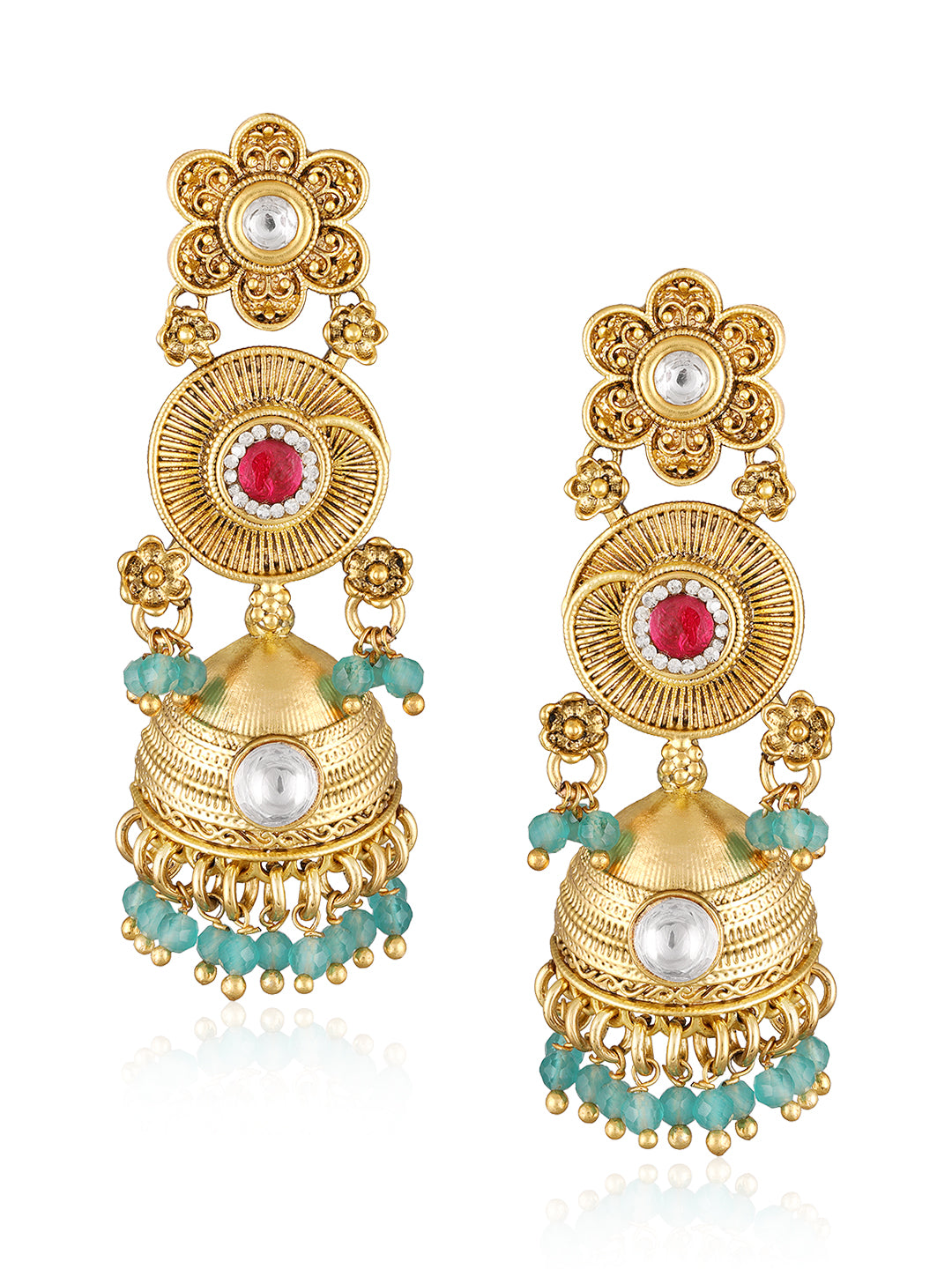 Itrani Rangriti Temple Jhumka With Rani and Green Aventurine Strawberry Necklace Set – Antique Gold Multicolor Bridal Jewellery