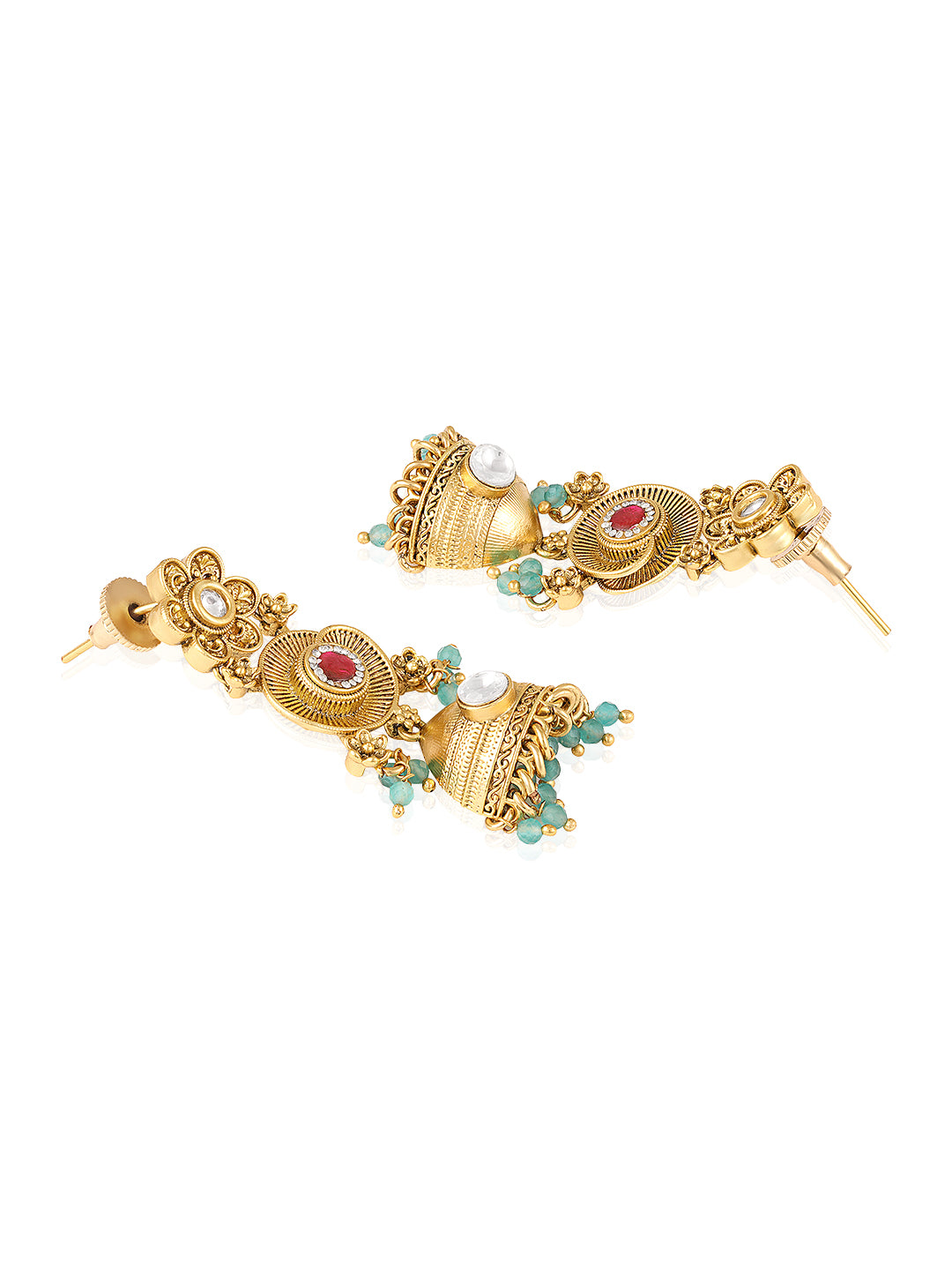 Itrani Rangriti Temple Jhumka With Rani and Green Aventurine Strawberry Necklace Set – Antique Gold Multicolor Bridal Jewellery