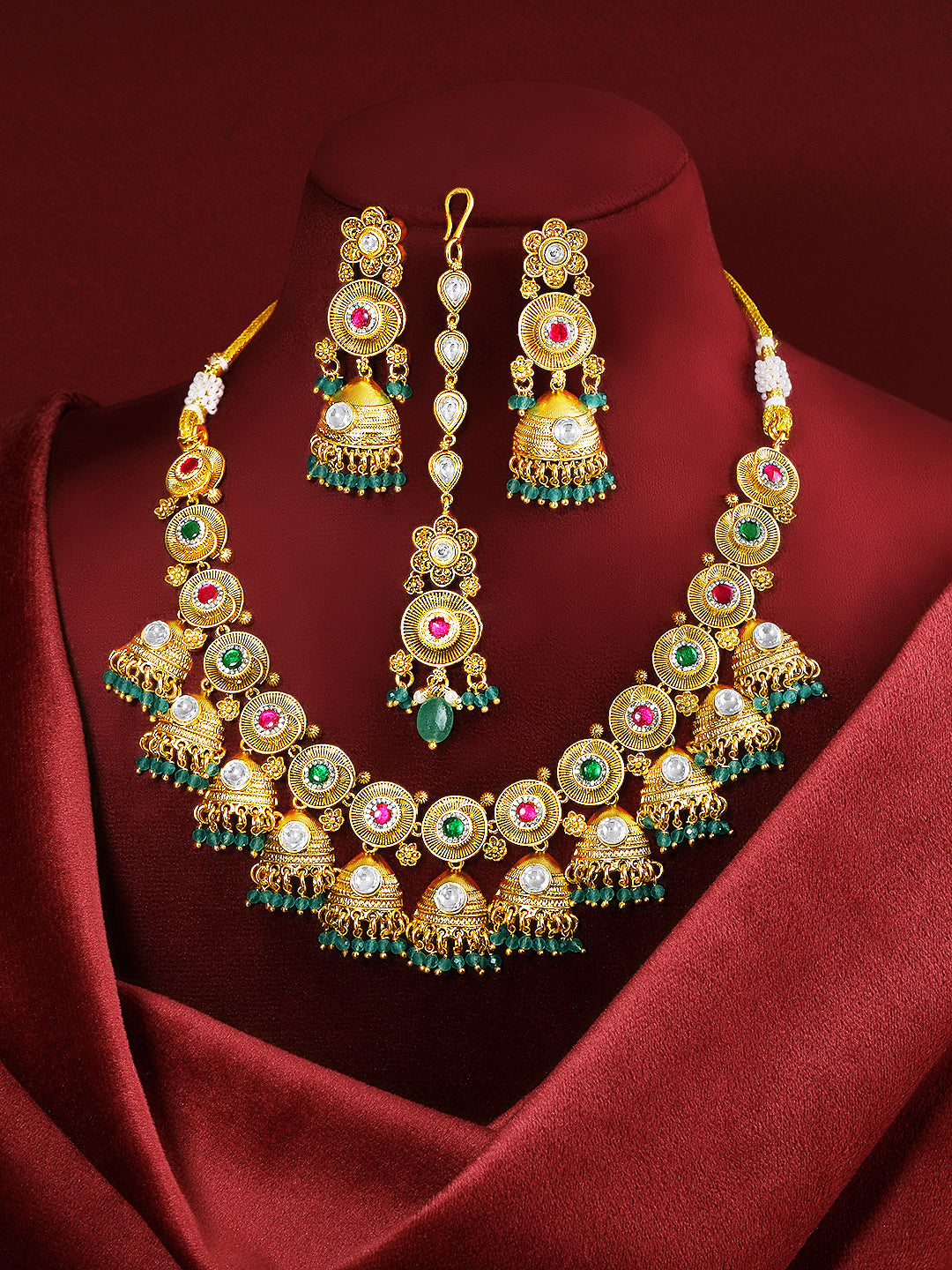 Itrani Rangriti Temple Jhumka With Rani and Green Aventurine Strawberry Necklace Set – Antique Gold Multicolor Bridal Jewellery