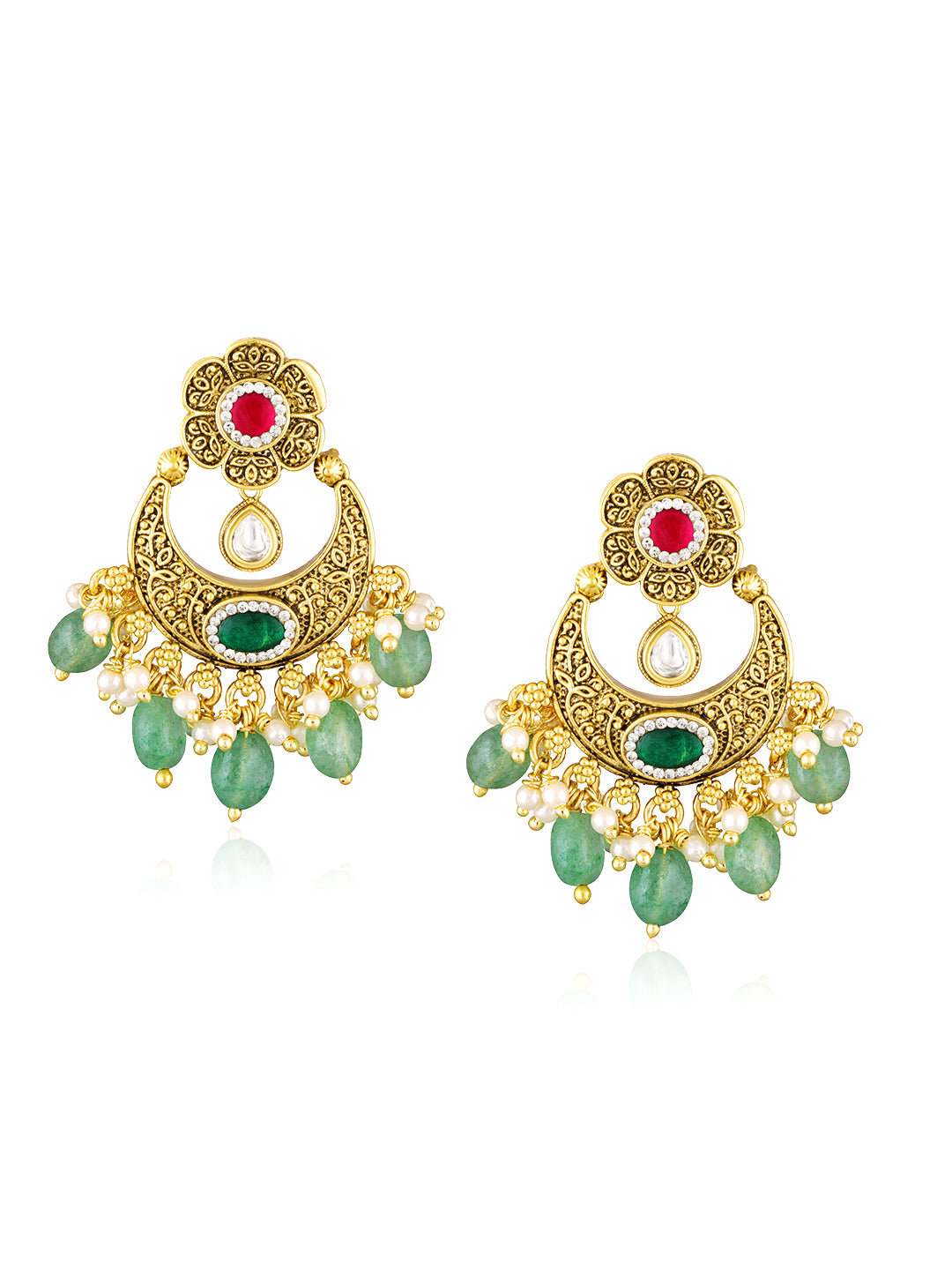 Itrani Heritage Gold Plated Ruby and Green Aventurine Drop Chand Style Mini Bridal Necklace Set