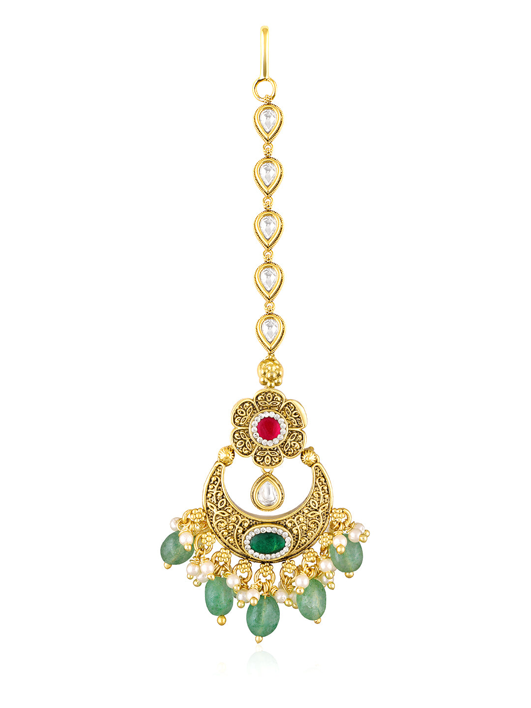 Itrani Heritage Gold Plated Ruby and Green Aventurine Drop Chand Style Mini Bridal Necklace Set