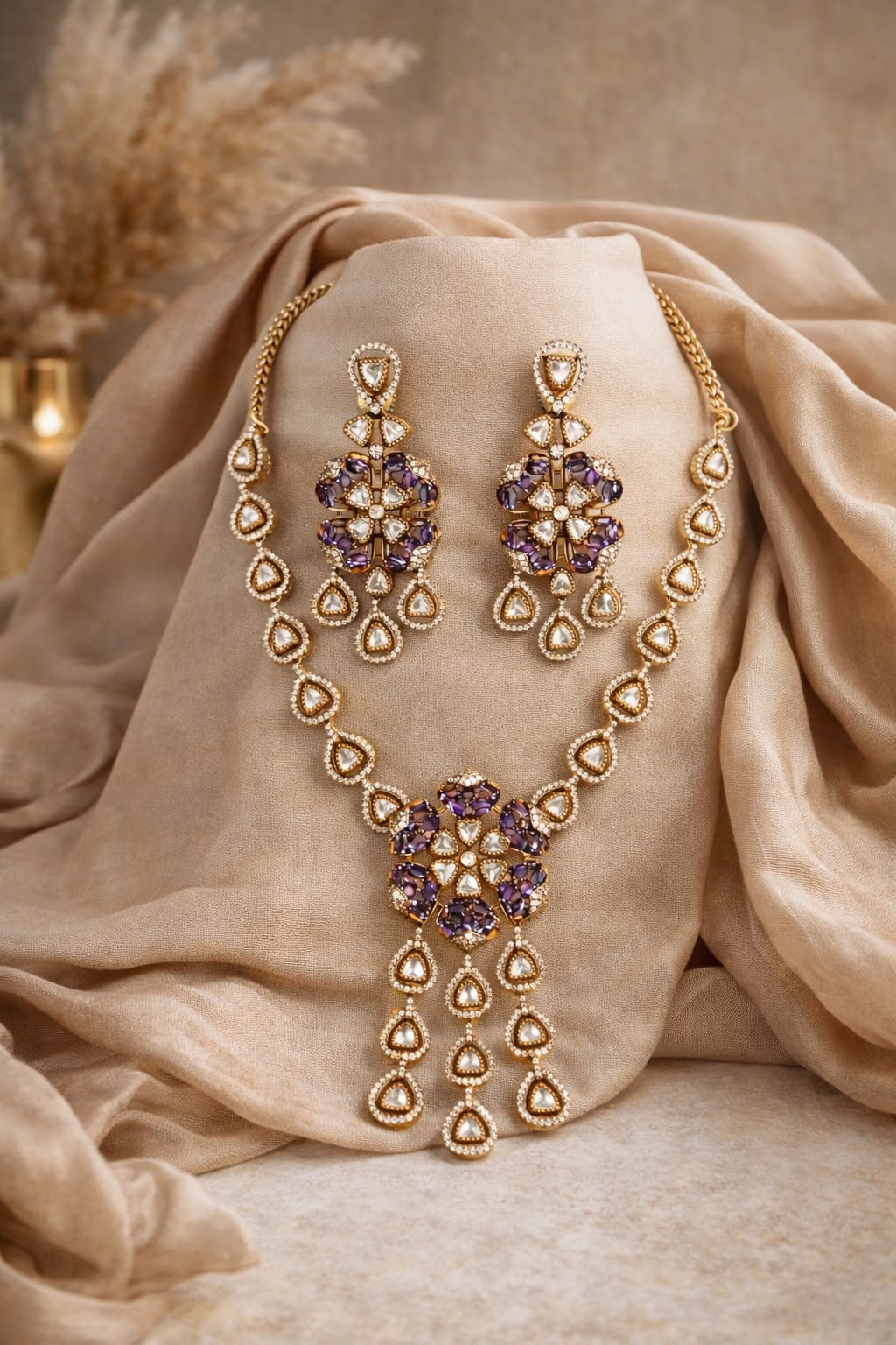 Itrani Lavish Purple Lavender Color Stone Uncut Diamond Necklace Set – Anti-Tarnish Brass