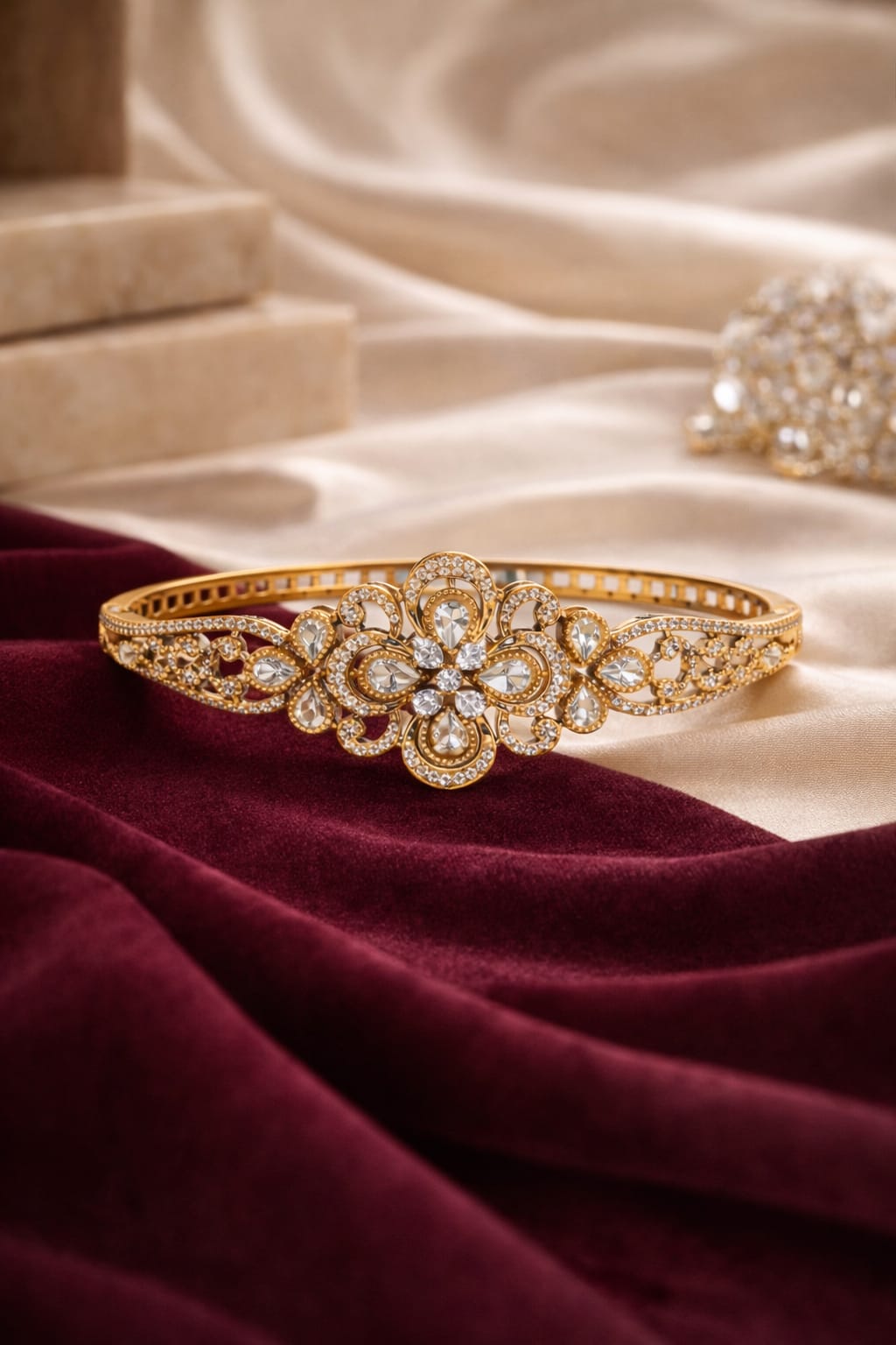 Itrani Floral Elegance Anti-Tarnish Brass Bracelet with Clear Polki Stones