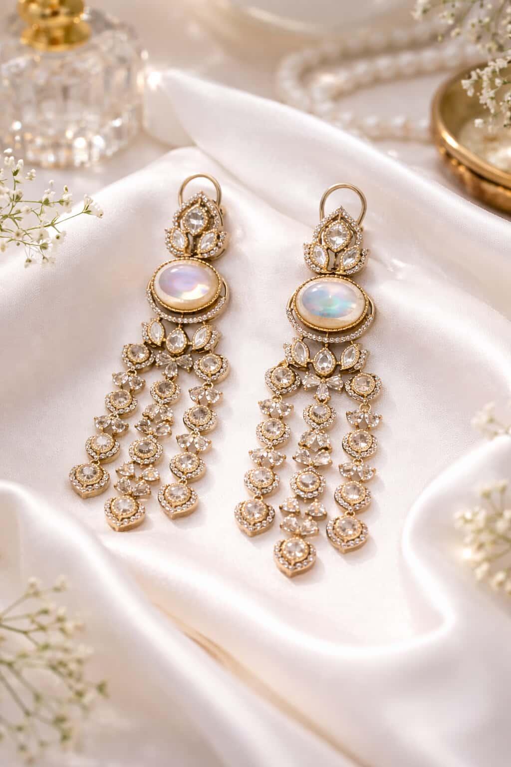 Itrani Elegent Monther of Pearl Centre Stone Danglling Earrings with Clear Polki Stone – Anti-Tarnish Brass