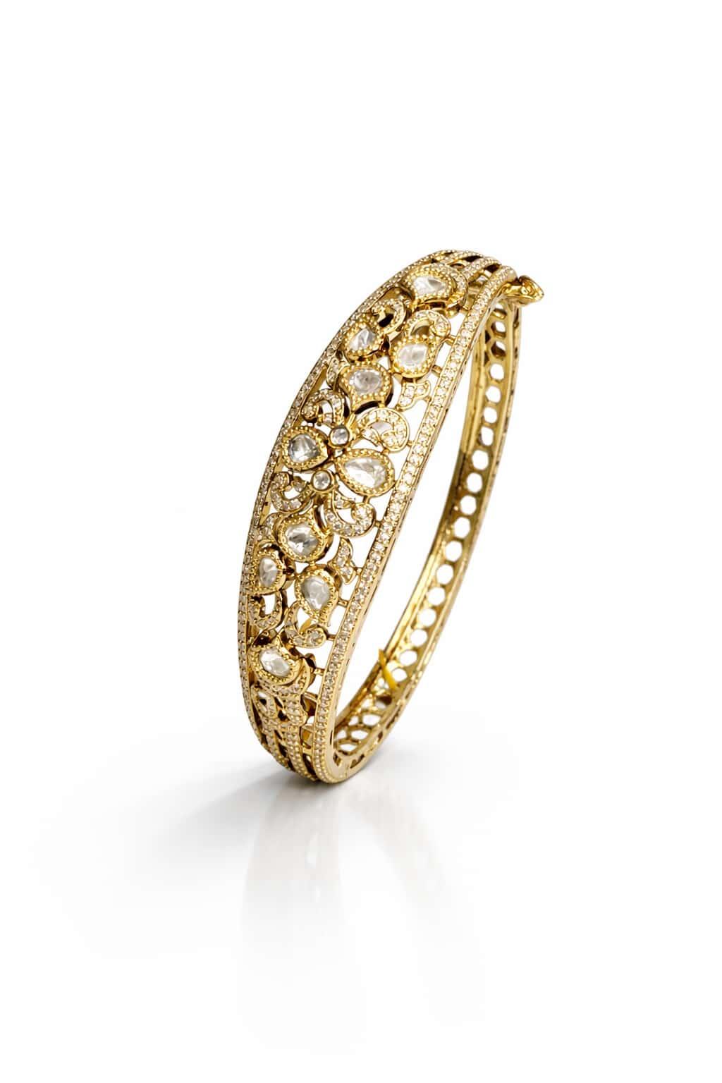 Itrani Royal Bloom Anti-Tarnish Gold Finish Kada Type Bracelet with Clear Polki Stones