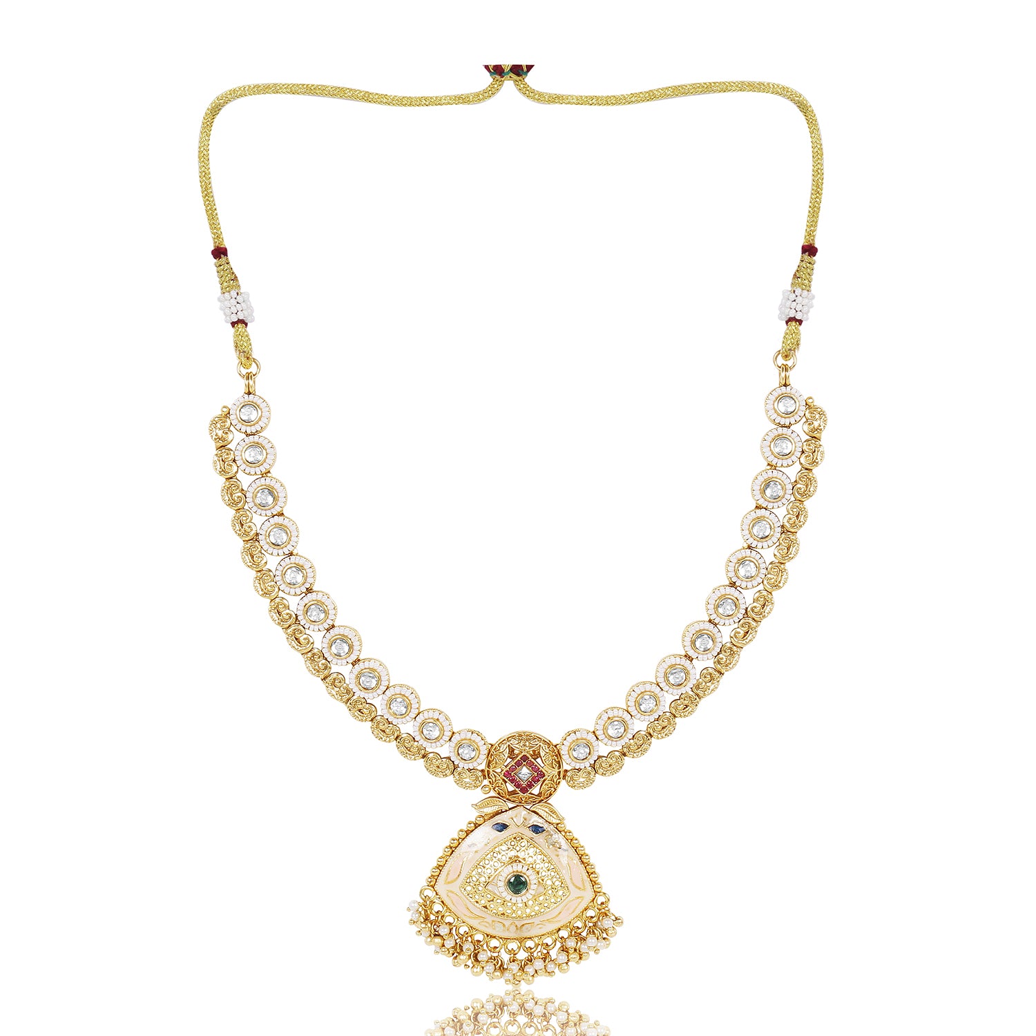 Itrani Rajwadi Polki Minakari Gold Finish Necklace with Emerald & Ruby Stones