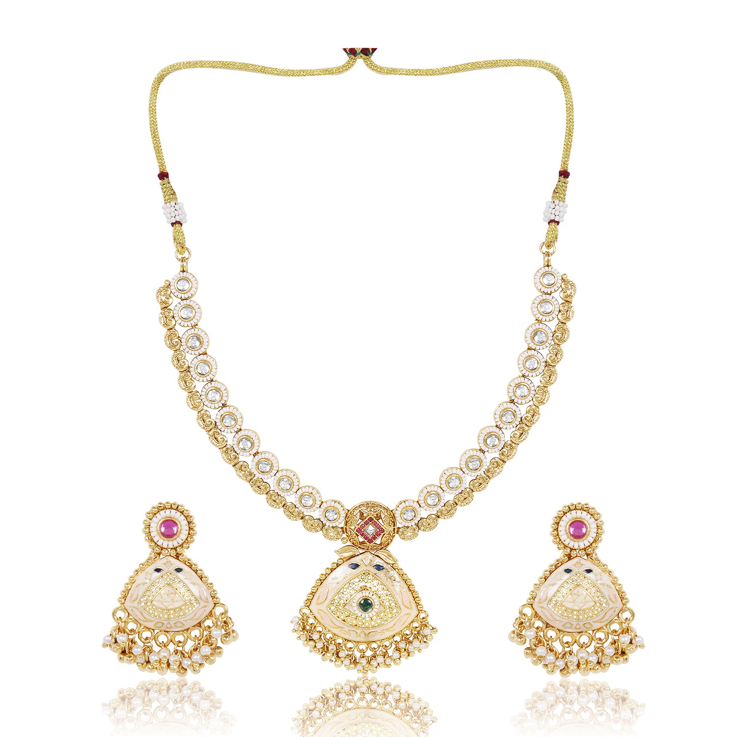 Itrani Rajwadi Polki Minakari Gold Finish Necklace with Emerald & Ruby Stones