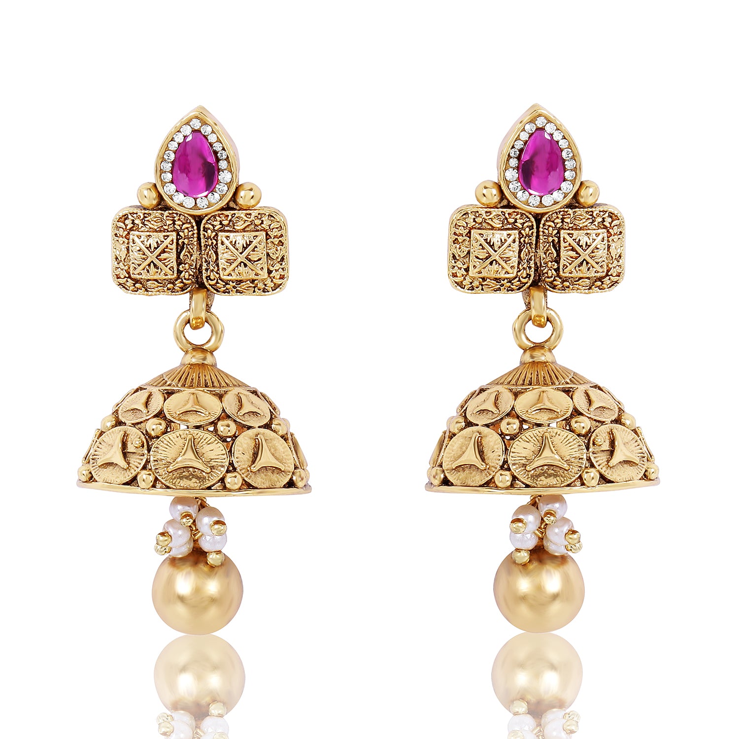 Itrani Rajwadi Polki Gold Finish Brass Necklace with Jhumki & Ruby-Emerald Accents