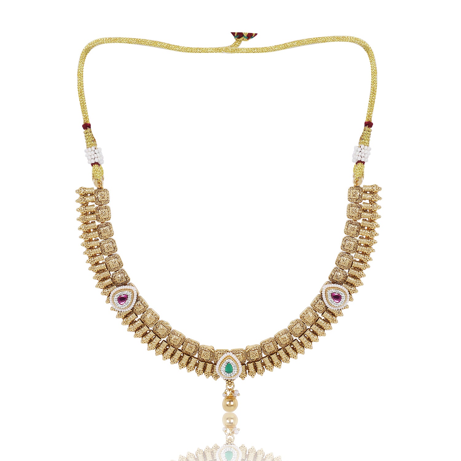 Itrani Rajwadi Polki Gold Finish Brass Necklace with Jhumki & Ruby-Emerald Accents