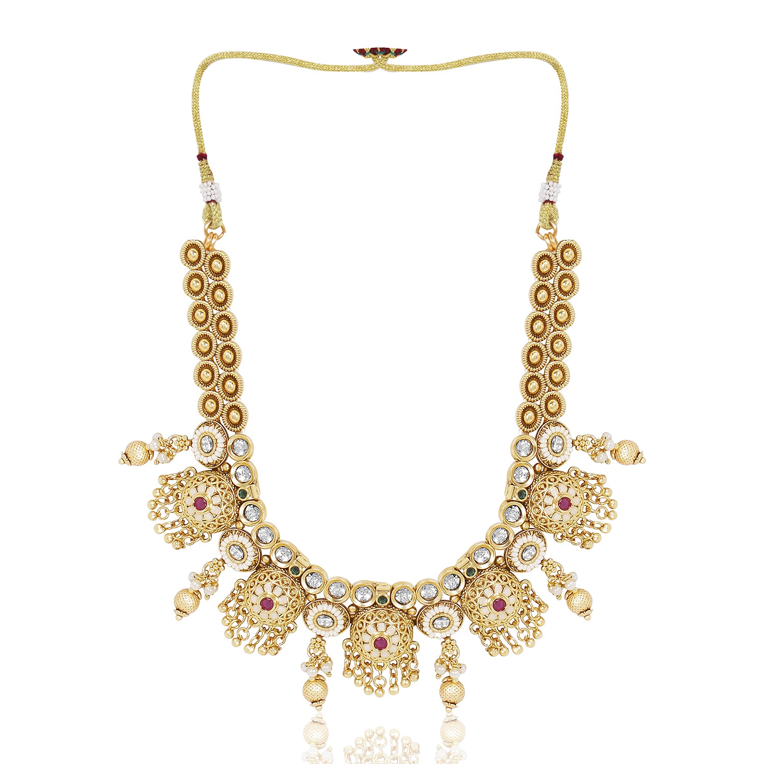 Itrani Rajwadi Gold Finish Polki Necklace with Ruby & Emerald Accents