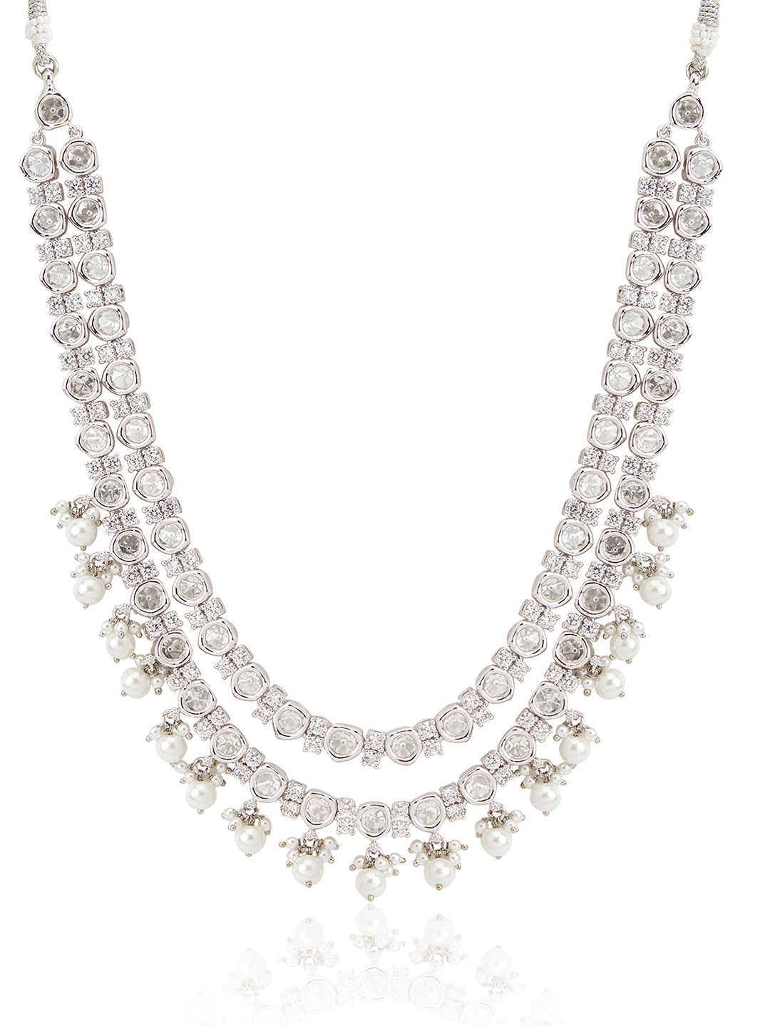 Itrani Double-Layered Polki Pearl & American Diamond Necklace – Radium Finish