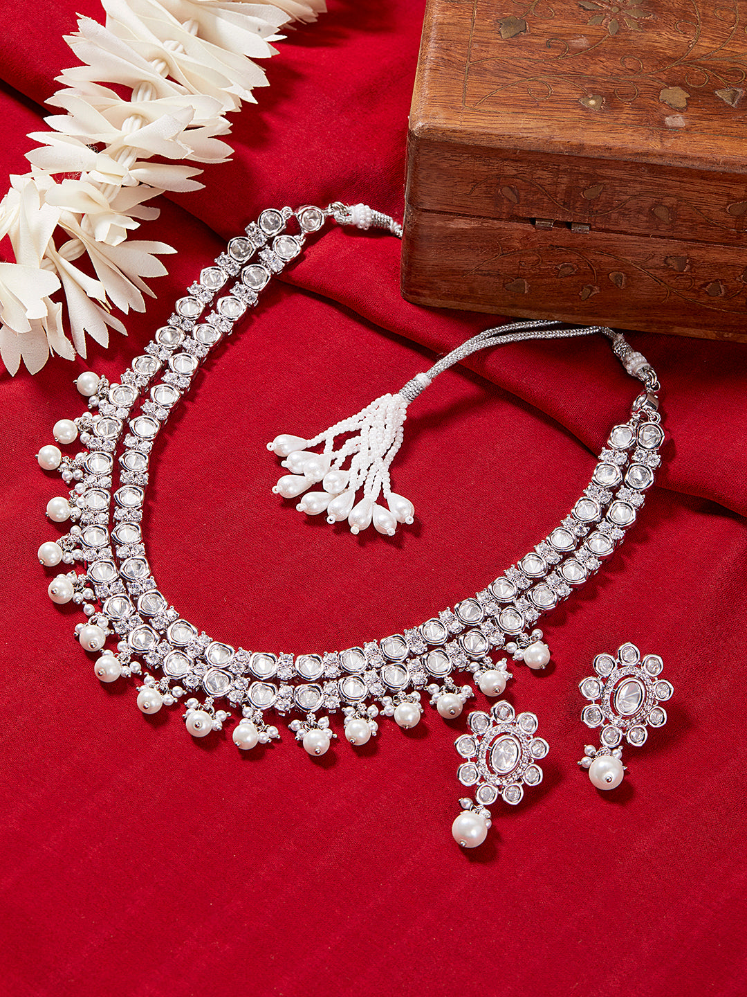 Itrani Double-Layered Polki Pearl & American Diamond Necklace – Radium Finish