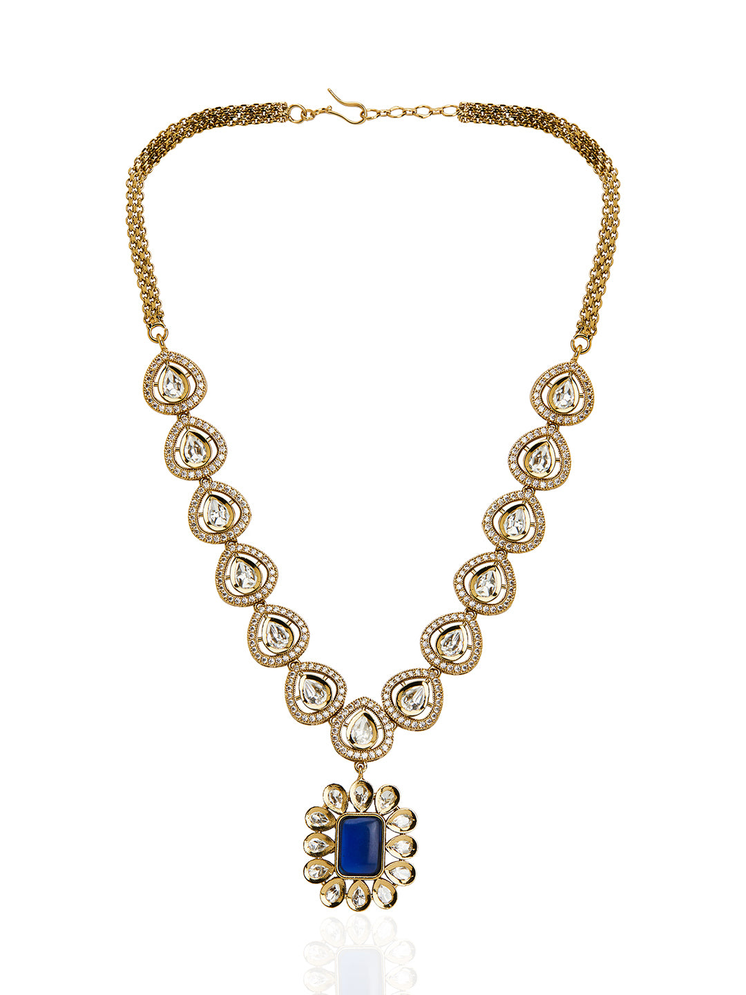 Itrani Mehndi Antique Navy Polki Stone Necklace Set with American Diamonds