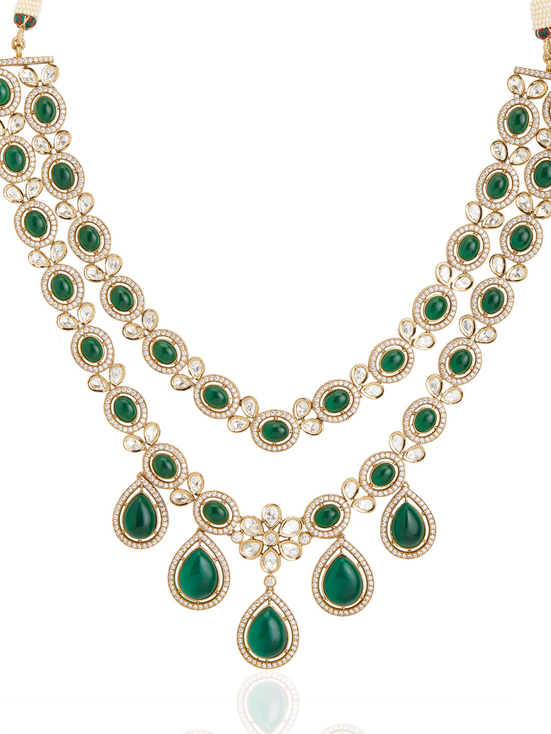 Itrani Double-Layered Green Droplet Polki Necklace Set