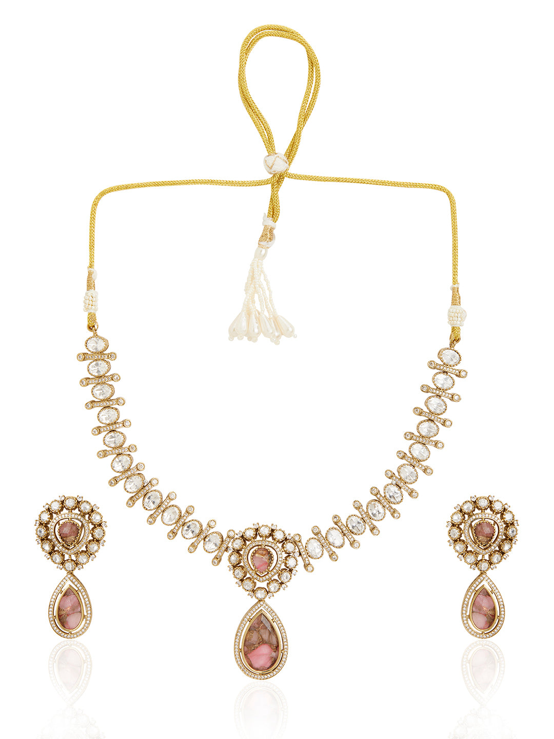 Itrani Mehndi Antique Finish Polki Necklace Set with Gemstone and American Diamonds