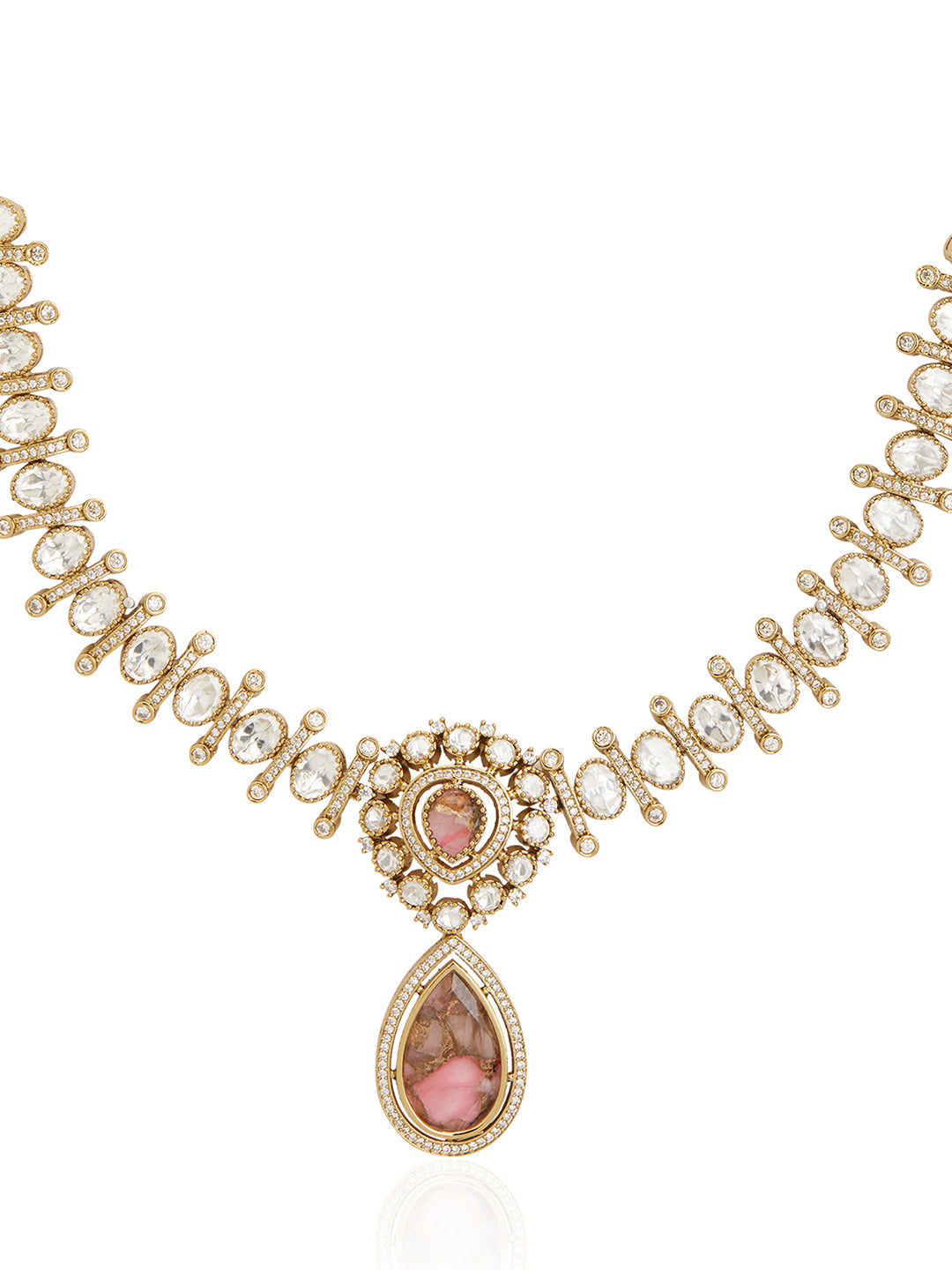 Itrani Mehndi Antique Finish Polki Necklace Set with Gemstone and American Diamonds