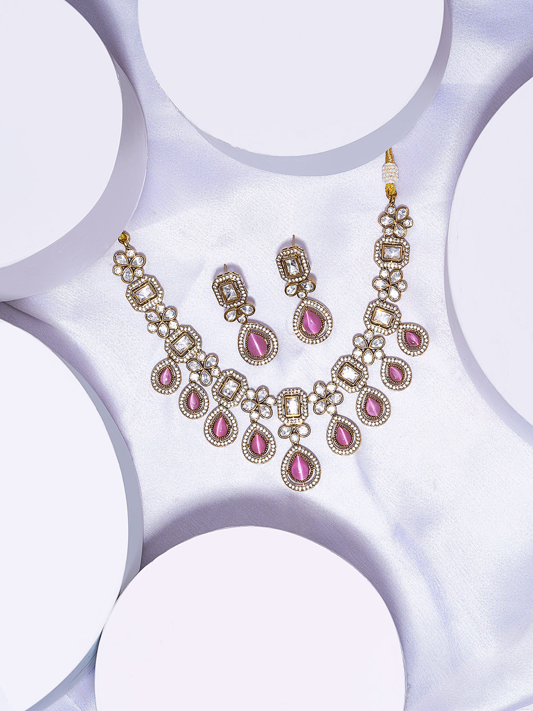 Itrani Mehndi Antique Brass Polki Necklace with Pink Monalisa Stones