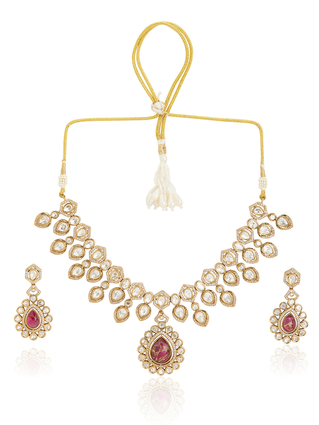 Itrani Mehndi Antique Ruby Polki Necklace Set with American Diamonds