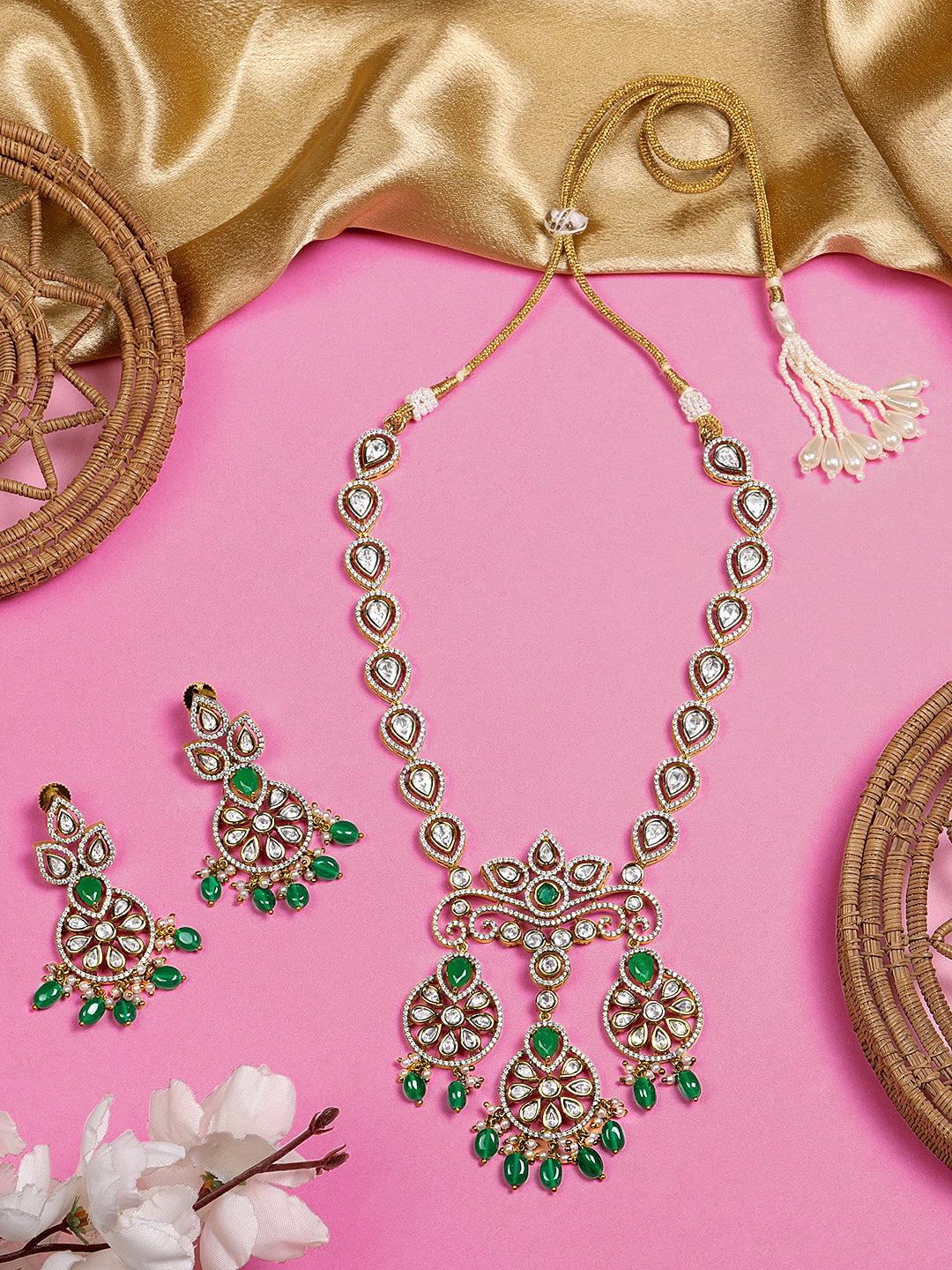 Itrani Lavish Uncut Diamond Emerald Stone and droplets with Moissanite Polki Long PartyWear Necklace Set for Weddings