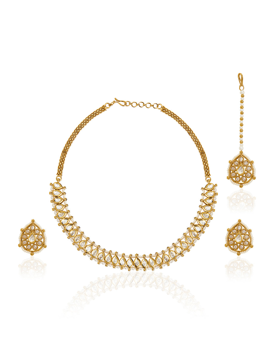 Itrani Polki Reverse American Diamond Mehndi-Finish Brass Necklace Set with Tops Earrings