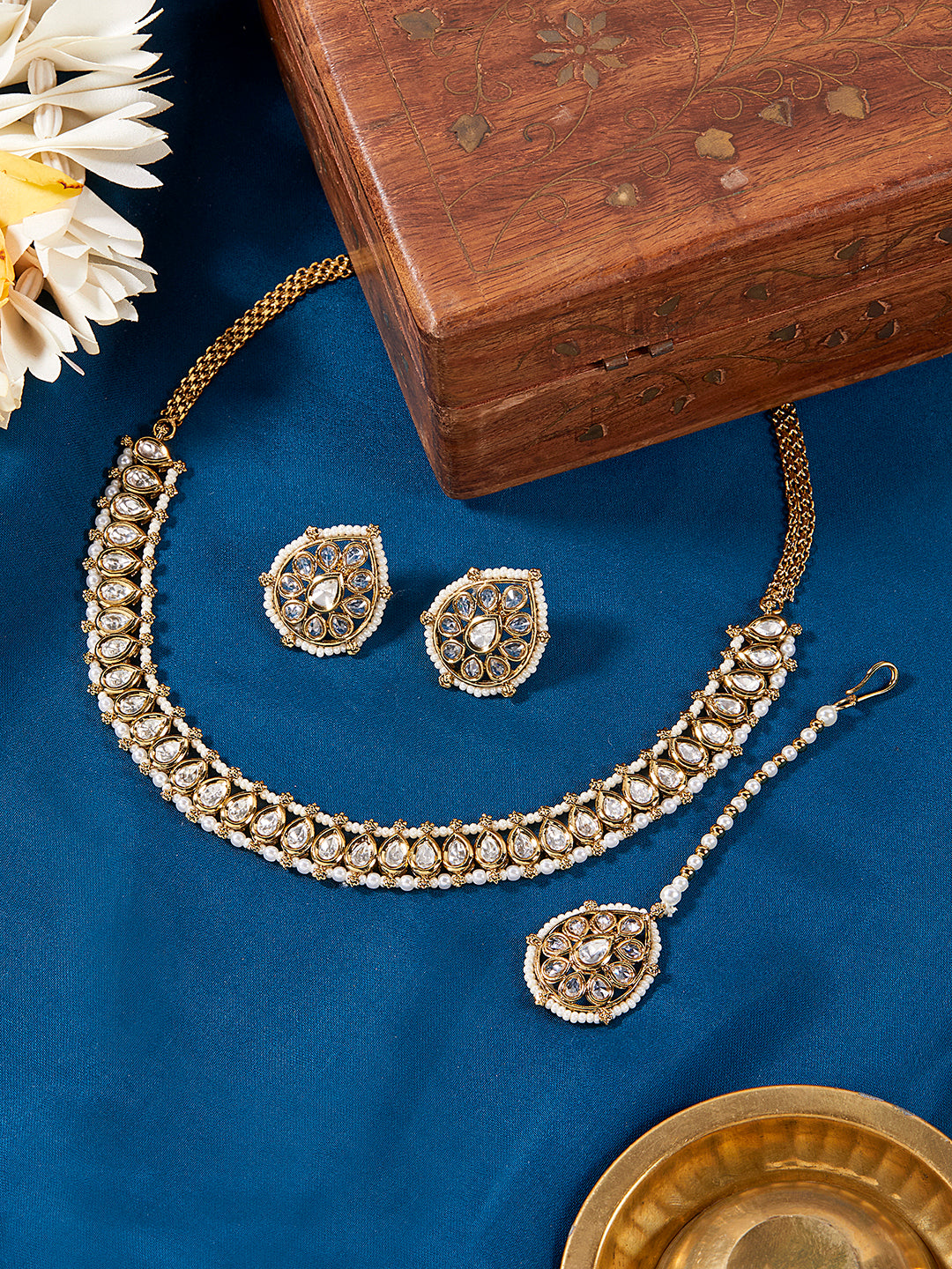 Itrani Polki Reverse American Diamond Mehndi-Finish Brass Necklace Set with Tops Earrings