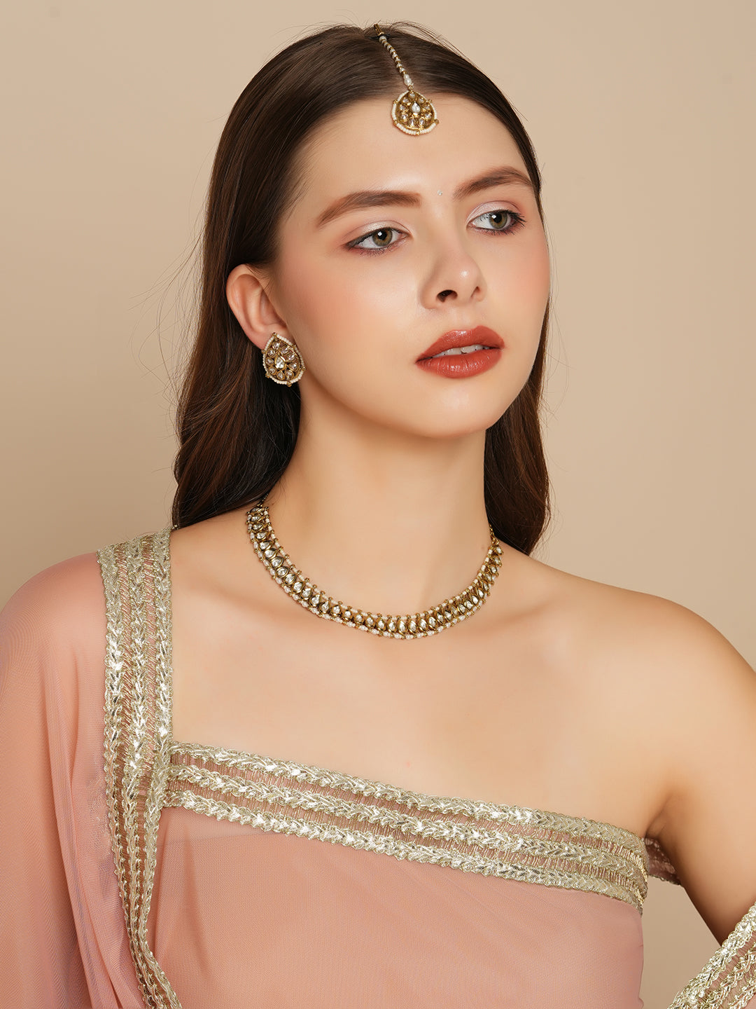 Itrani Polki Reverse American Diamond Mehndi-Finish Brass Necklace Set with Tops Earrings