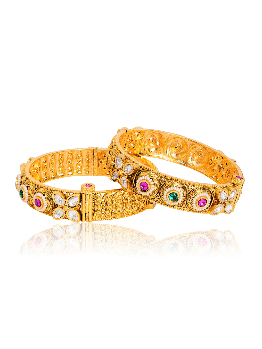 Itrani Rajwadi Regal Polki Bangles with Kidiya Moti and Emerald Ruby Accents