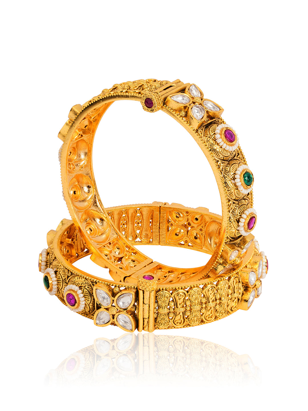 Itrani Rajwadi Regal Polki Bangles with Kidiya Moti and Emerald Ruby Accents