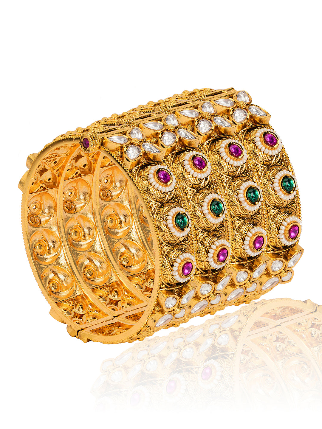 Itrani Rajwadi Regal Polki Bangles with Kidiya Moti and Emerald Ruby Accents