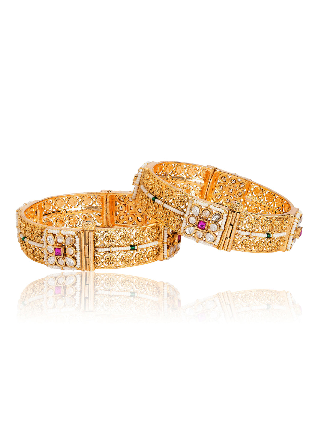 Itrani Rajwadi Heritage Gold Bangles with Emerald Ruby Stones