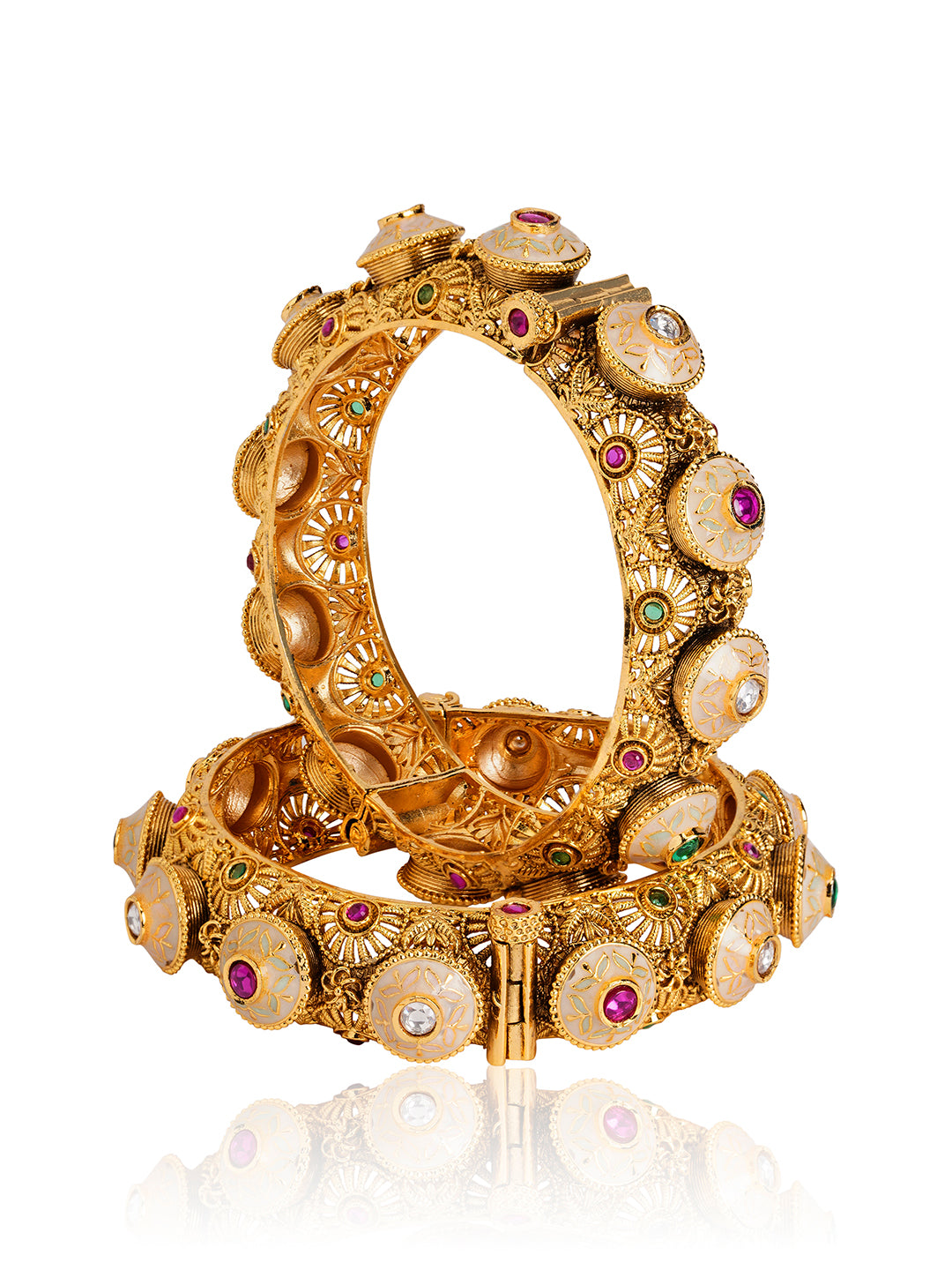 Itrani Rajwadi Polki Brass Bangles with Minakari & Gemstone Detailing
