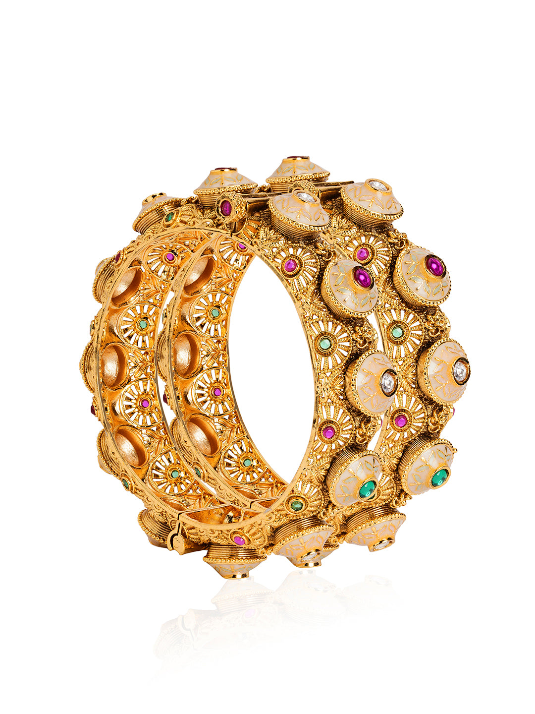 Itrani Rajwadi Polki Brass Bangles with Minakari & Gemstone Detailing