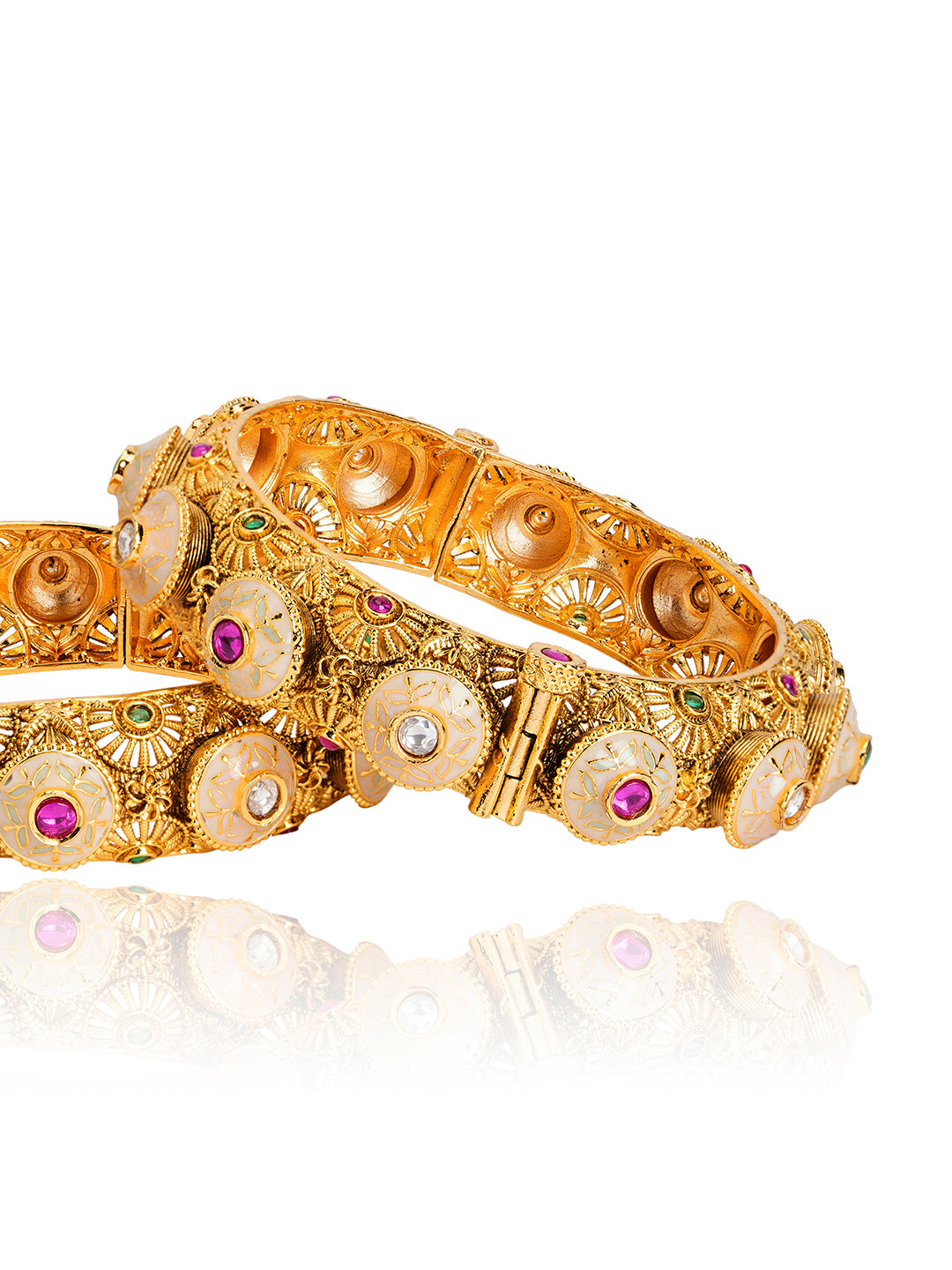 Itrani Rajwadi Polki Brass Bangles with Minakari & Gemstone Detailing