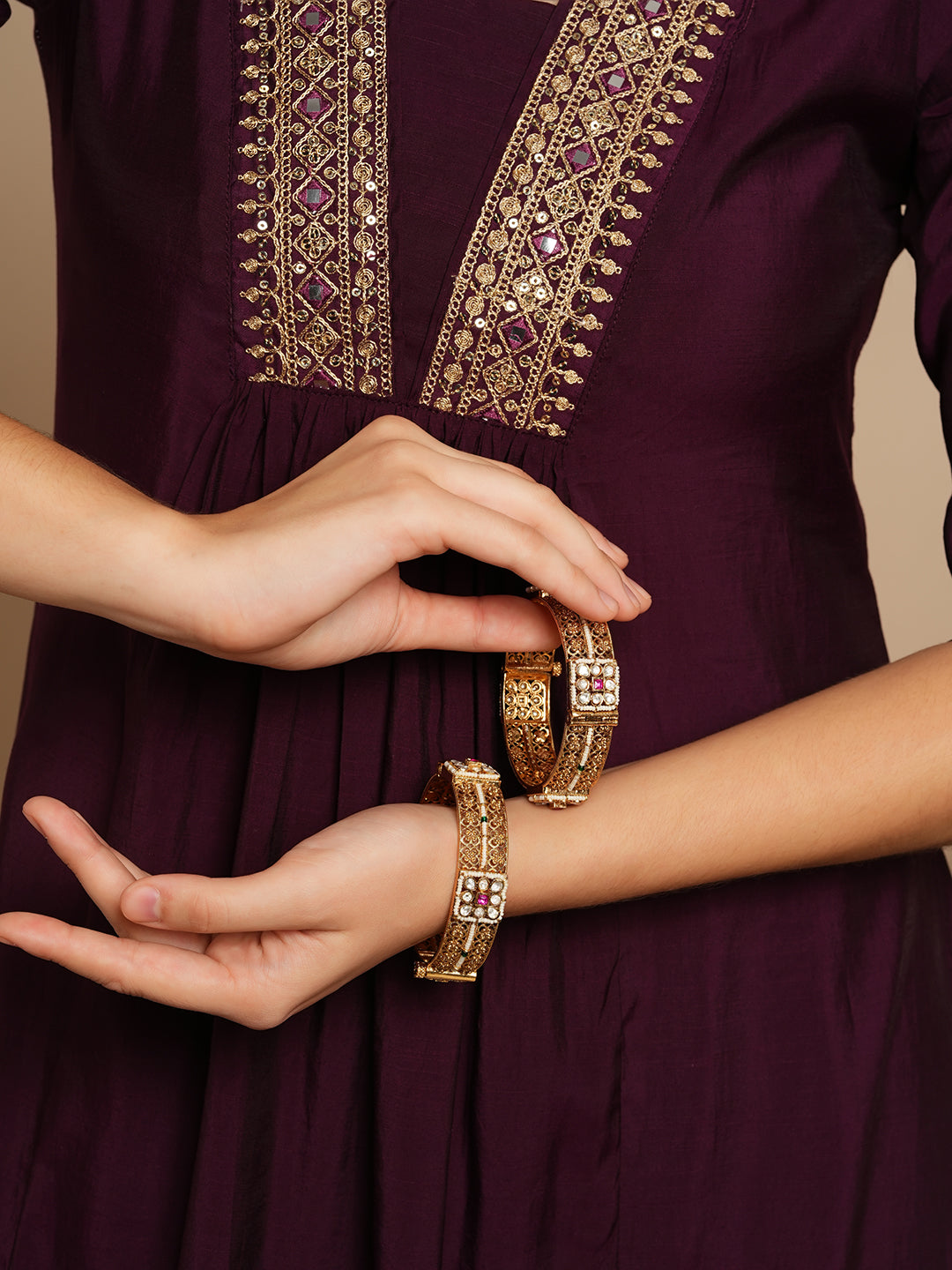 Itrani Rajwadi Heritage Gold Bangles with Emerald Ruby Stones