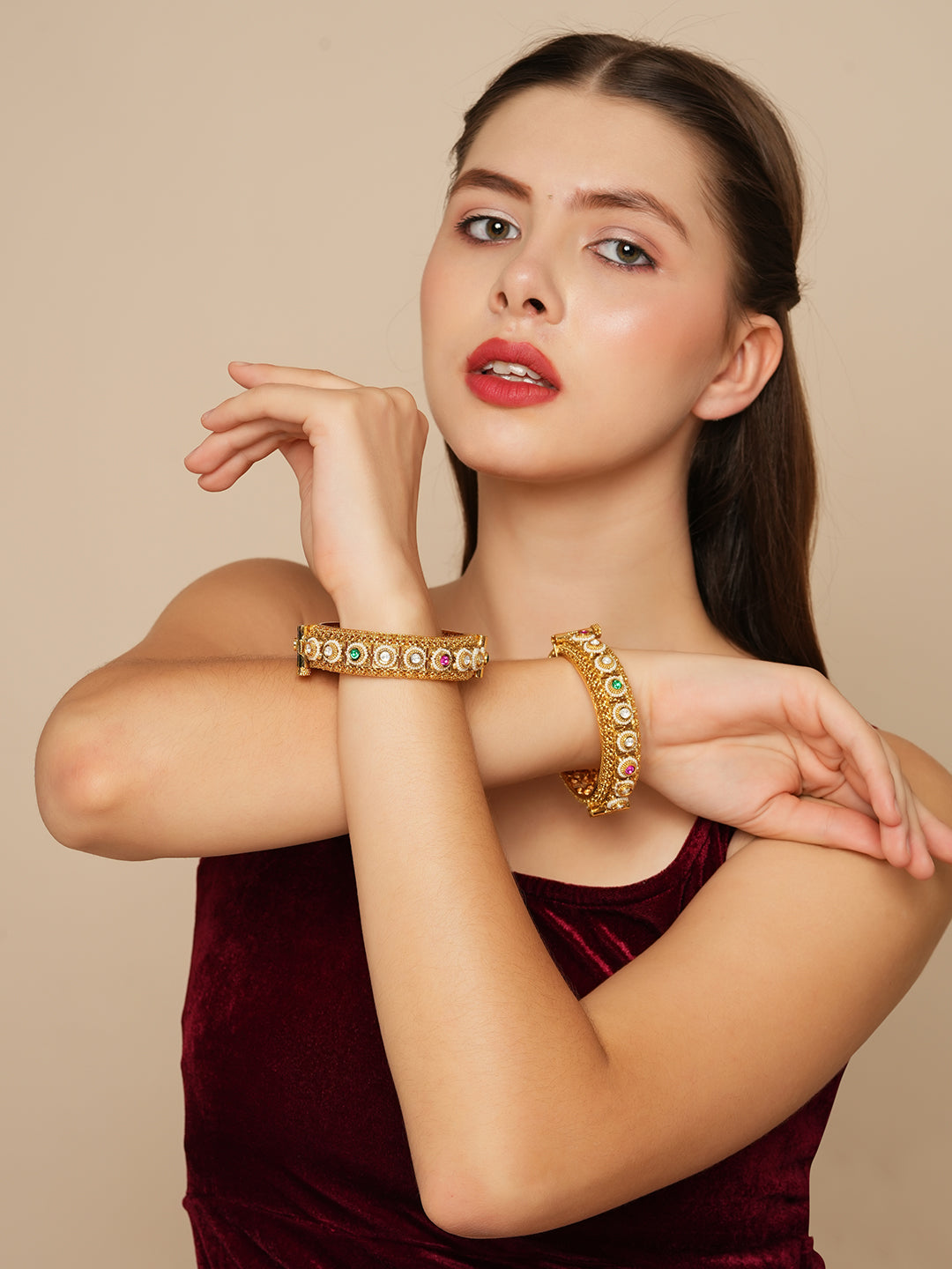 Itrani Rajwadi Brass Bangles with Gold Finish and Ruby-Emerald Detailing