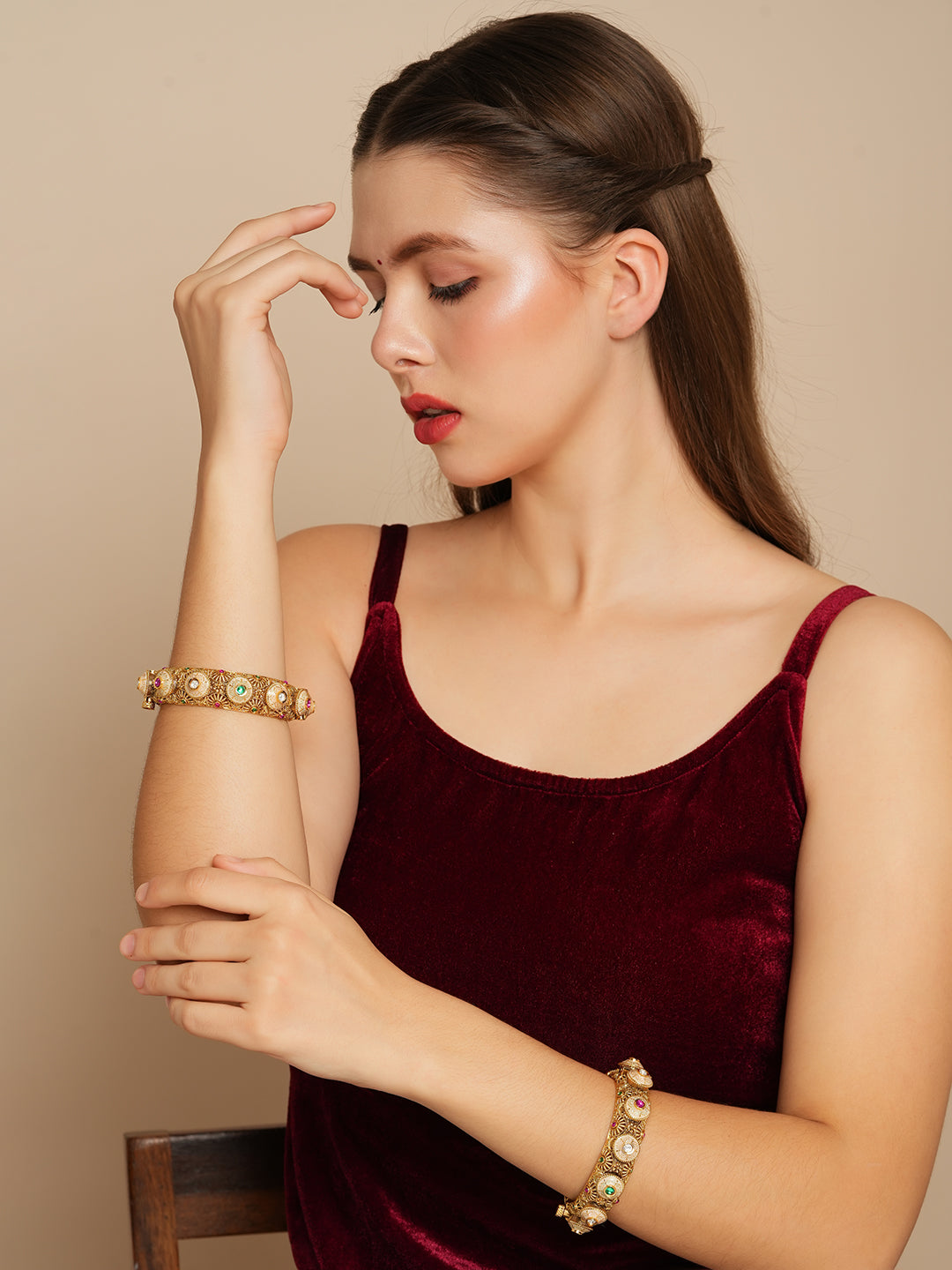 Itrani Rajwadi Polki Brass Bangles with Minakari & Gemstone Detailing