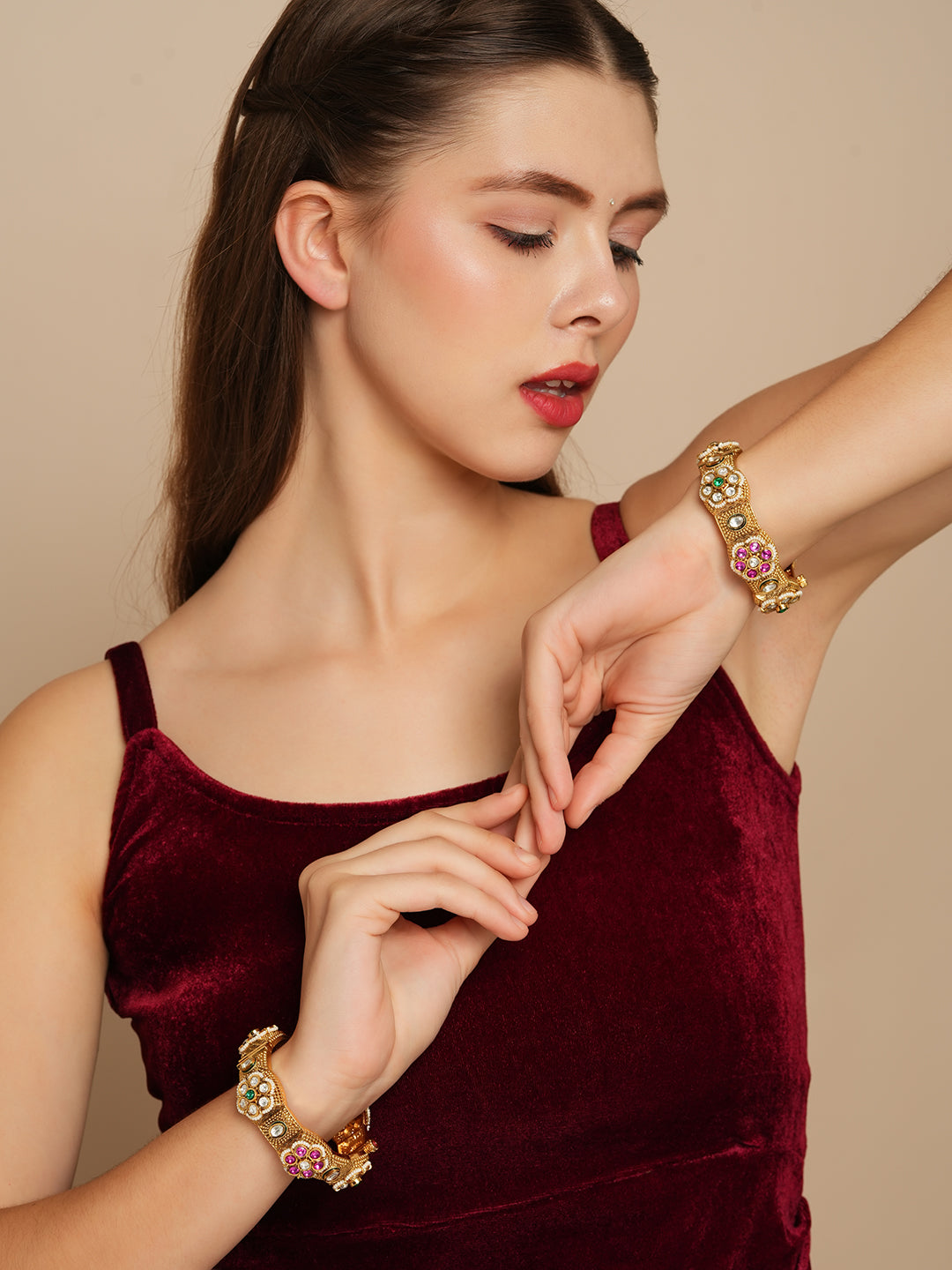 Itrani Rajwadi Gold Finish Brass Bangles with Ruby & Emerald Stones