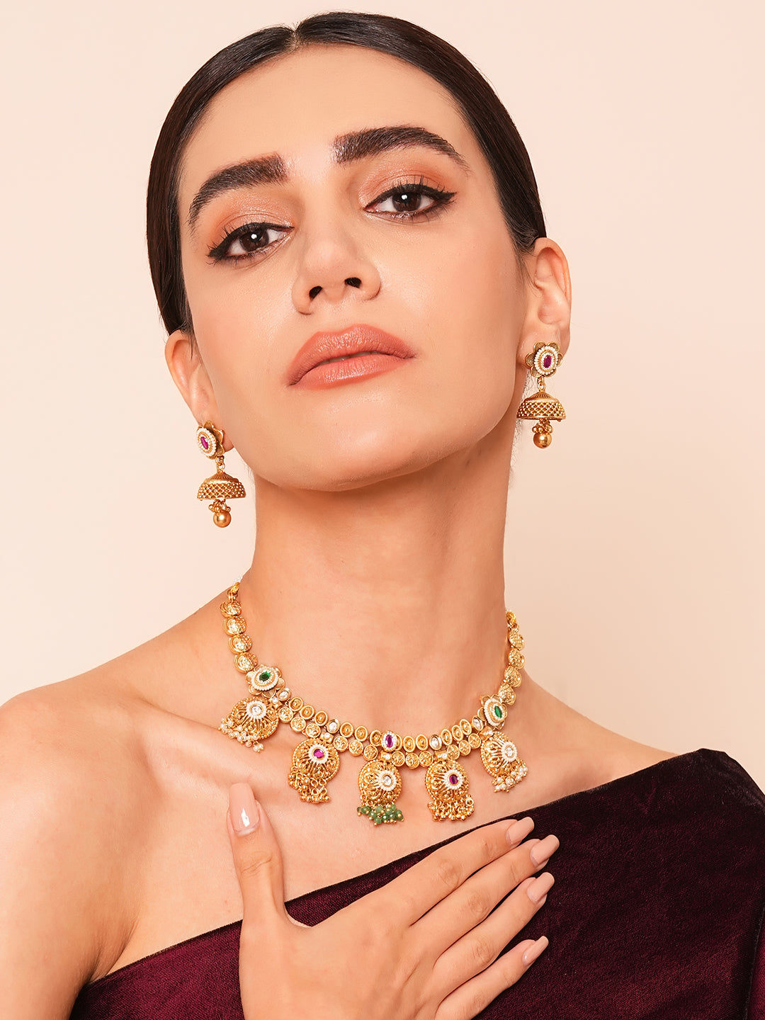 Itrani Rajwadi Regal Necklace Set with Ruby and Emerald Accents