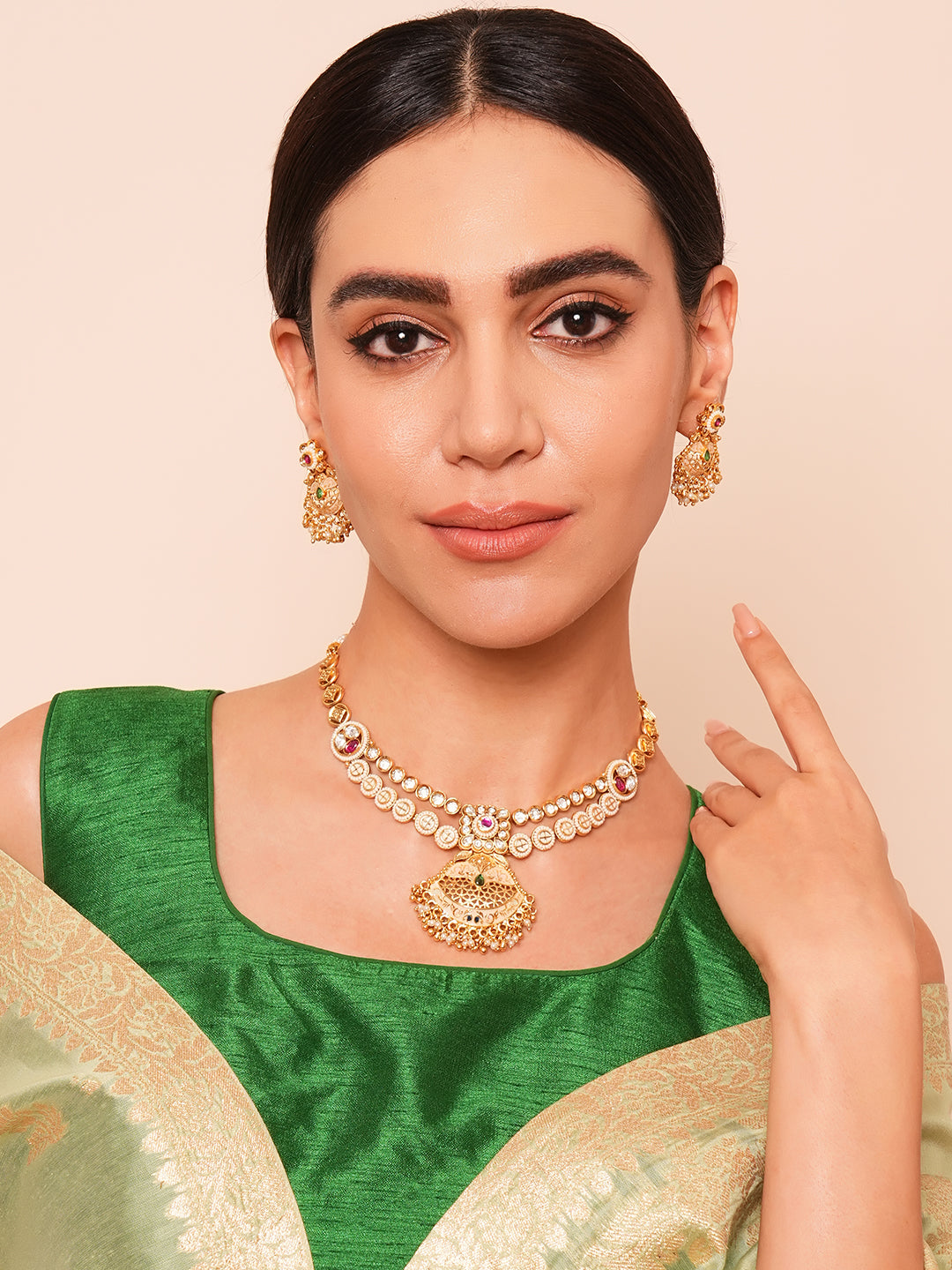 Itrani Rajwadi Double-Layered Polki Necklace with Kidiya Moti & Emerald Ruby Stones