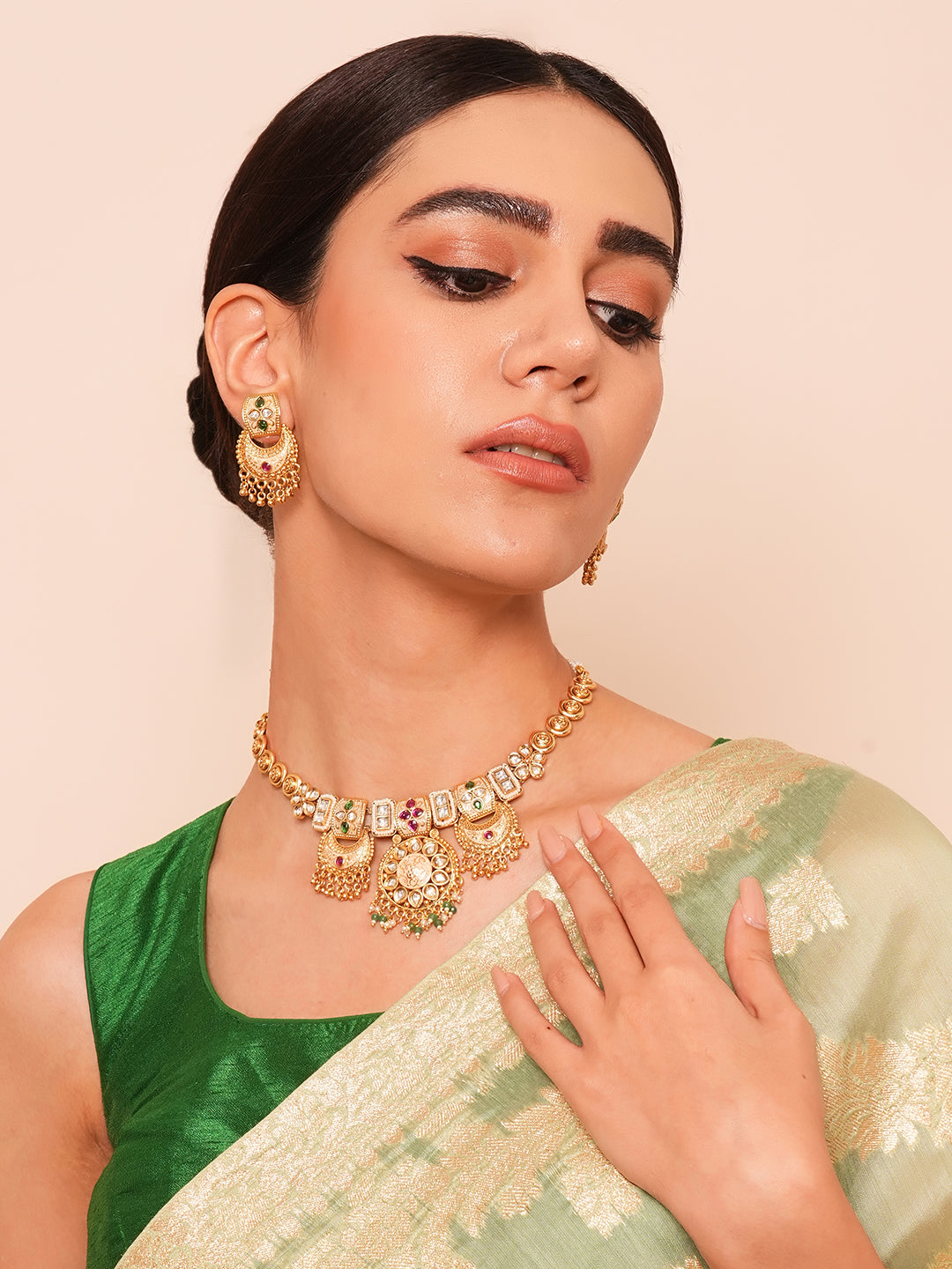 Itrani Rajwadi Half Moon Polki Necklace with Emerald & Ruby Stones