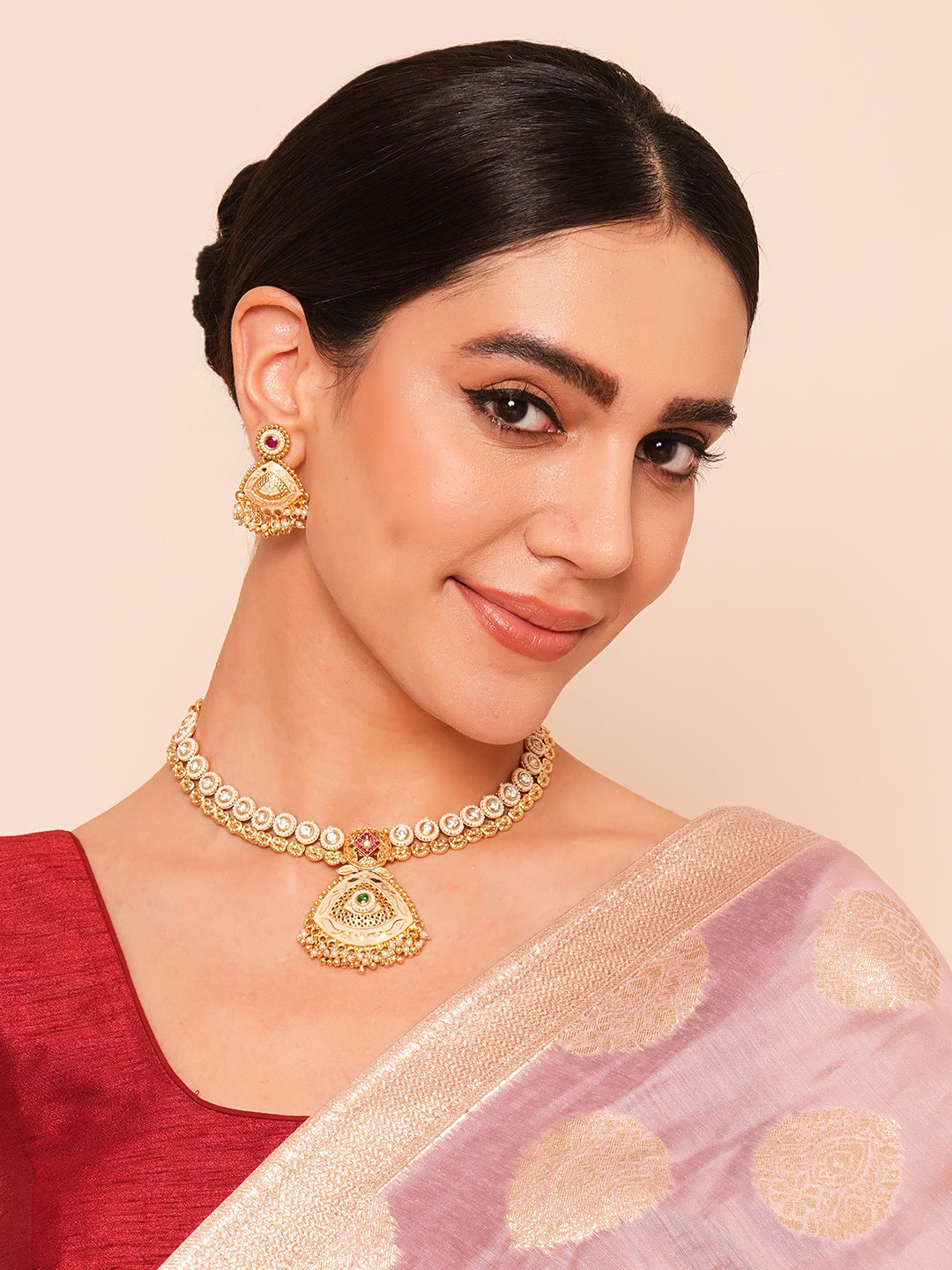 Itrani Rajwadi Polki Minakari Gold Finish Necklace with Emerald & Ruby Stones