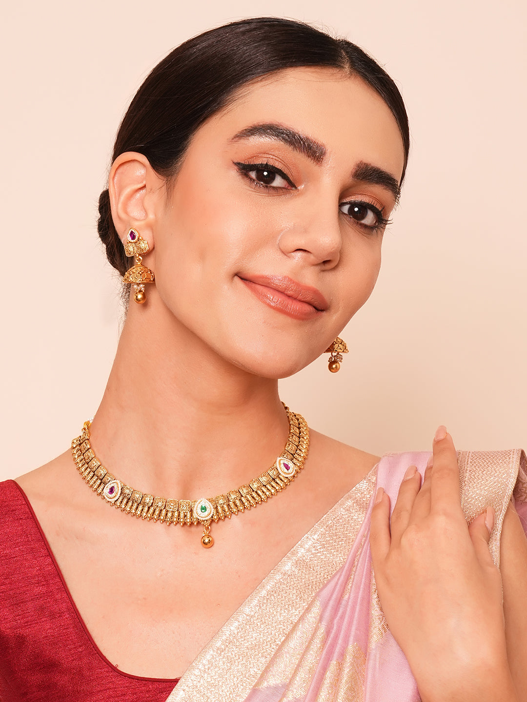 Itrani Rajwadi Polki Gold Finish Brass Necklace with Jhumki & Ruby-Emerald Accents