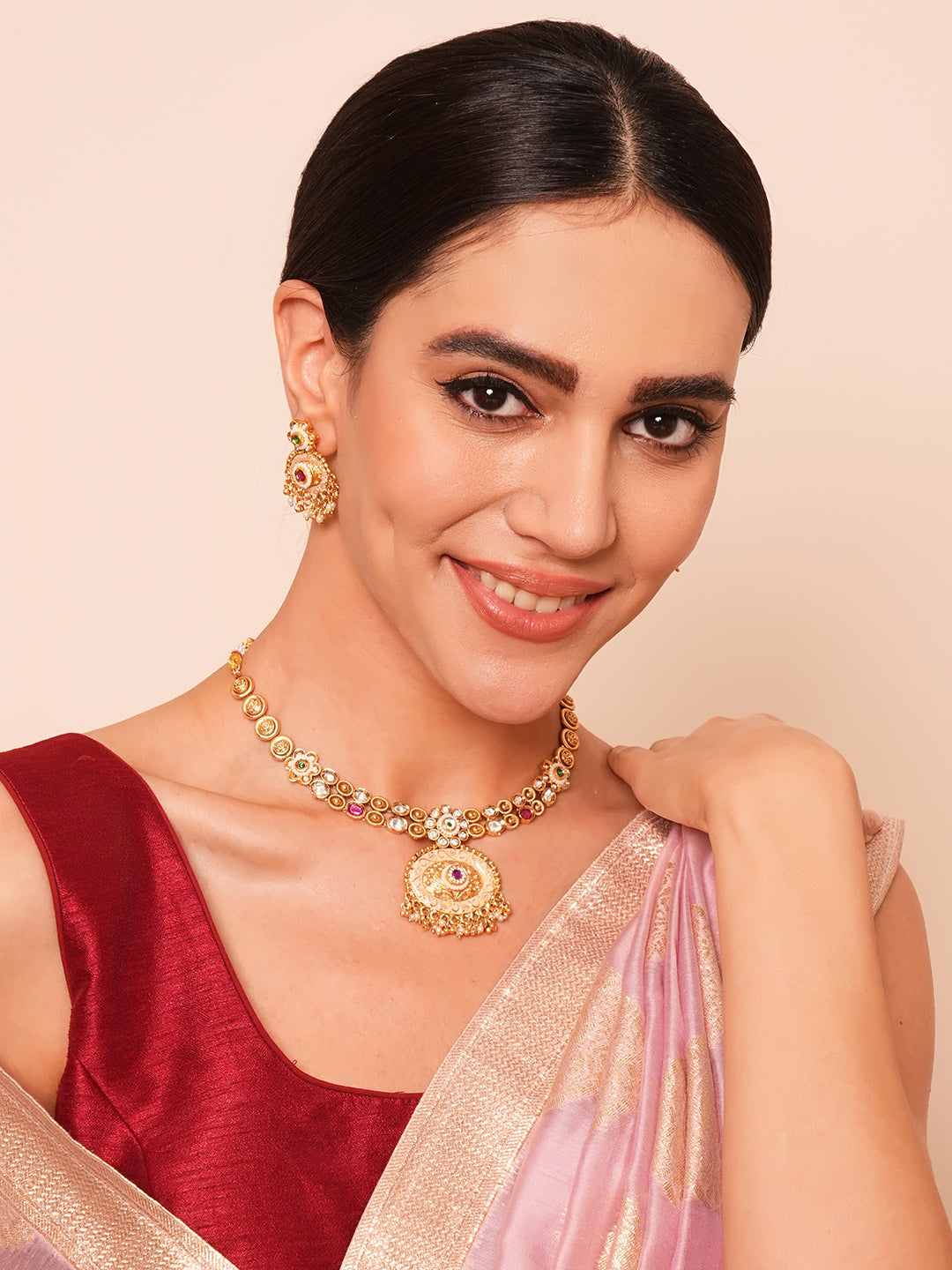 Itrani Rajwadi Gold Finish Polki Mina Necklace with Ruby-Emerald Stones