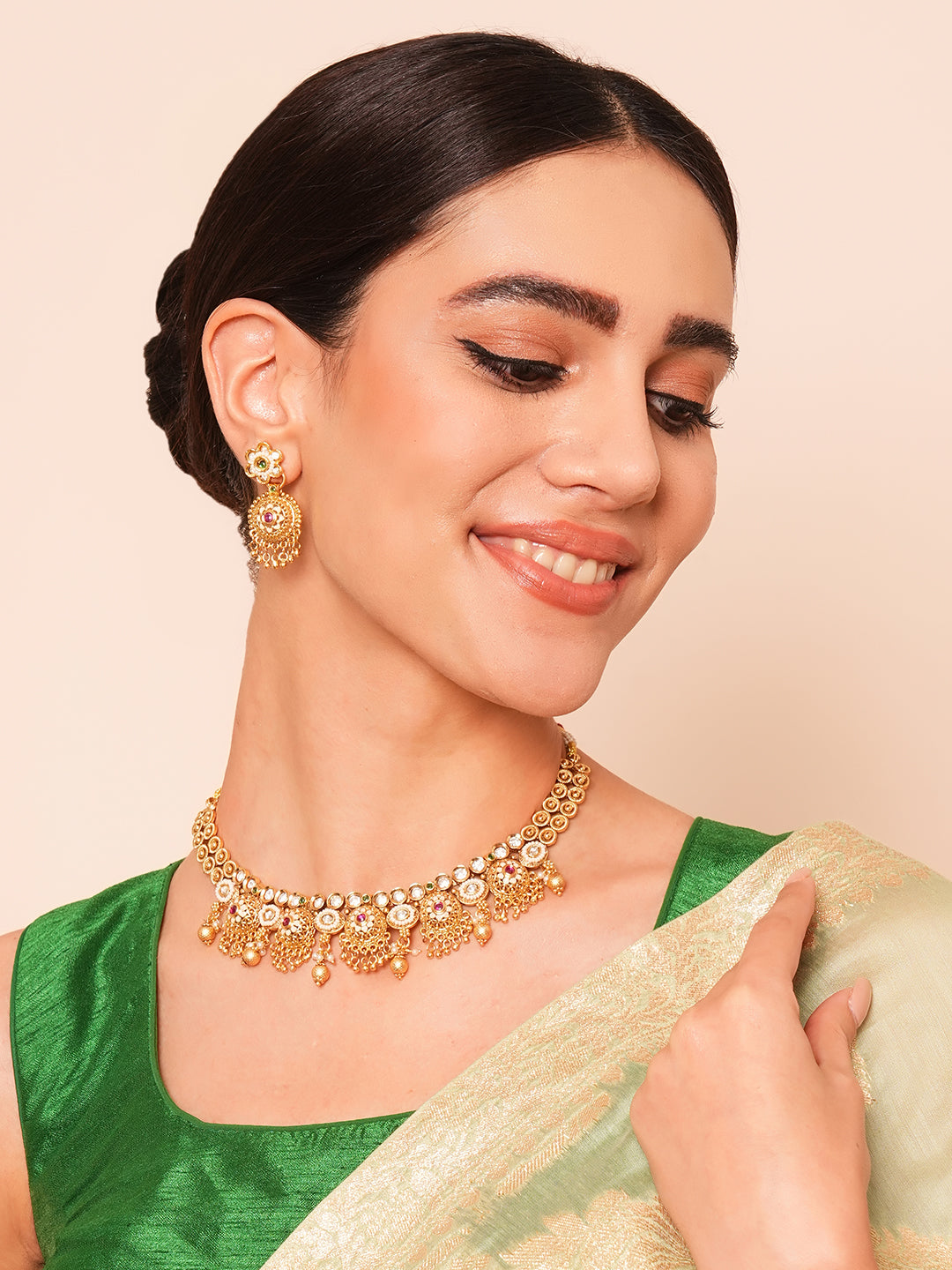Itrani Rajwadi Gold Finish Polki Necklace with Ruby & Emerald Accents