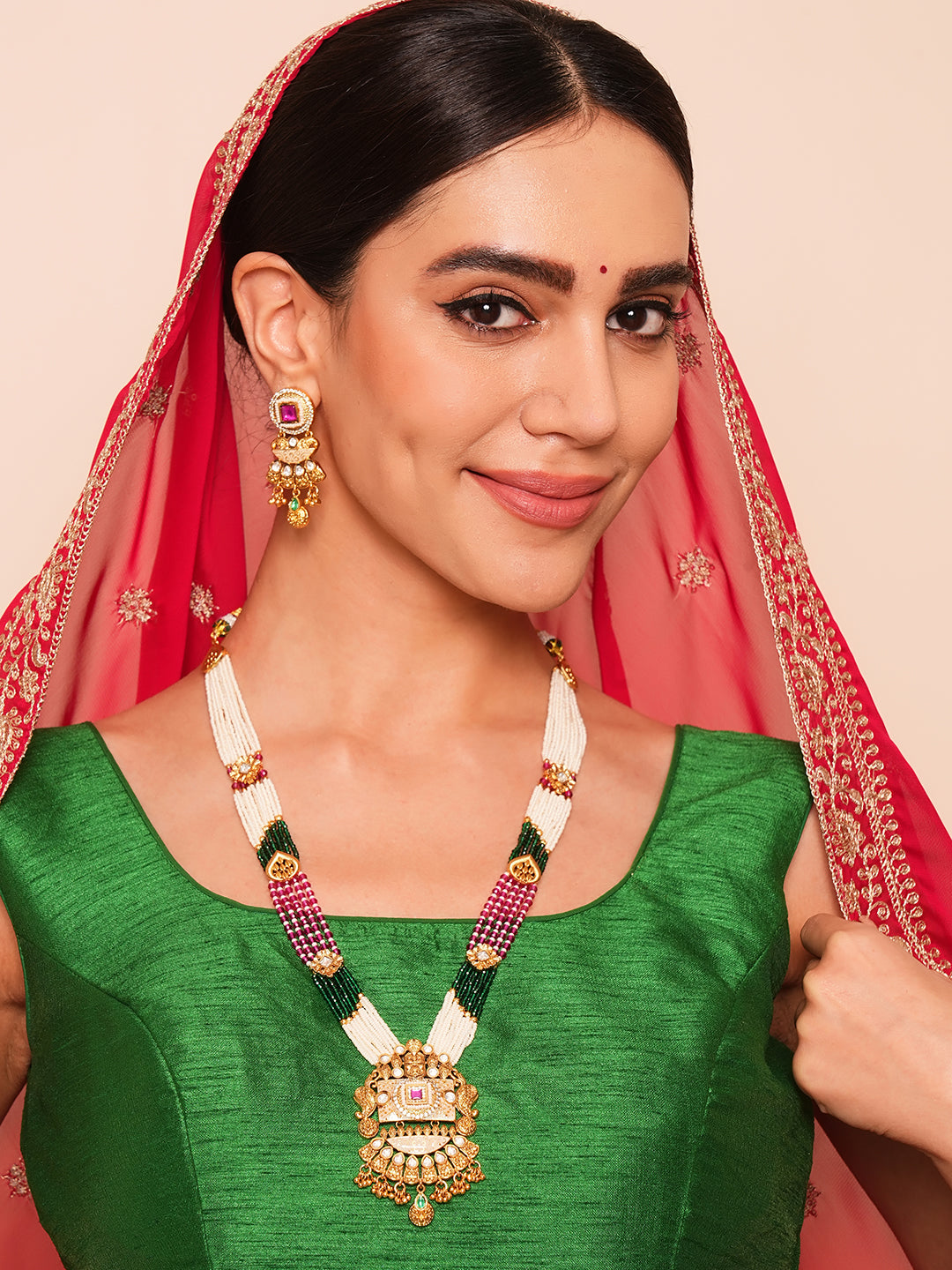 Itrani Rajwadi Gold Finish Polki Long Haar Necklace with Kidiya Moti & Emerald Ruby Stones