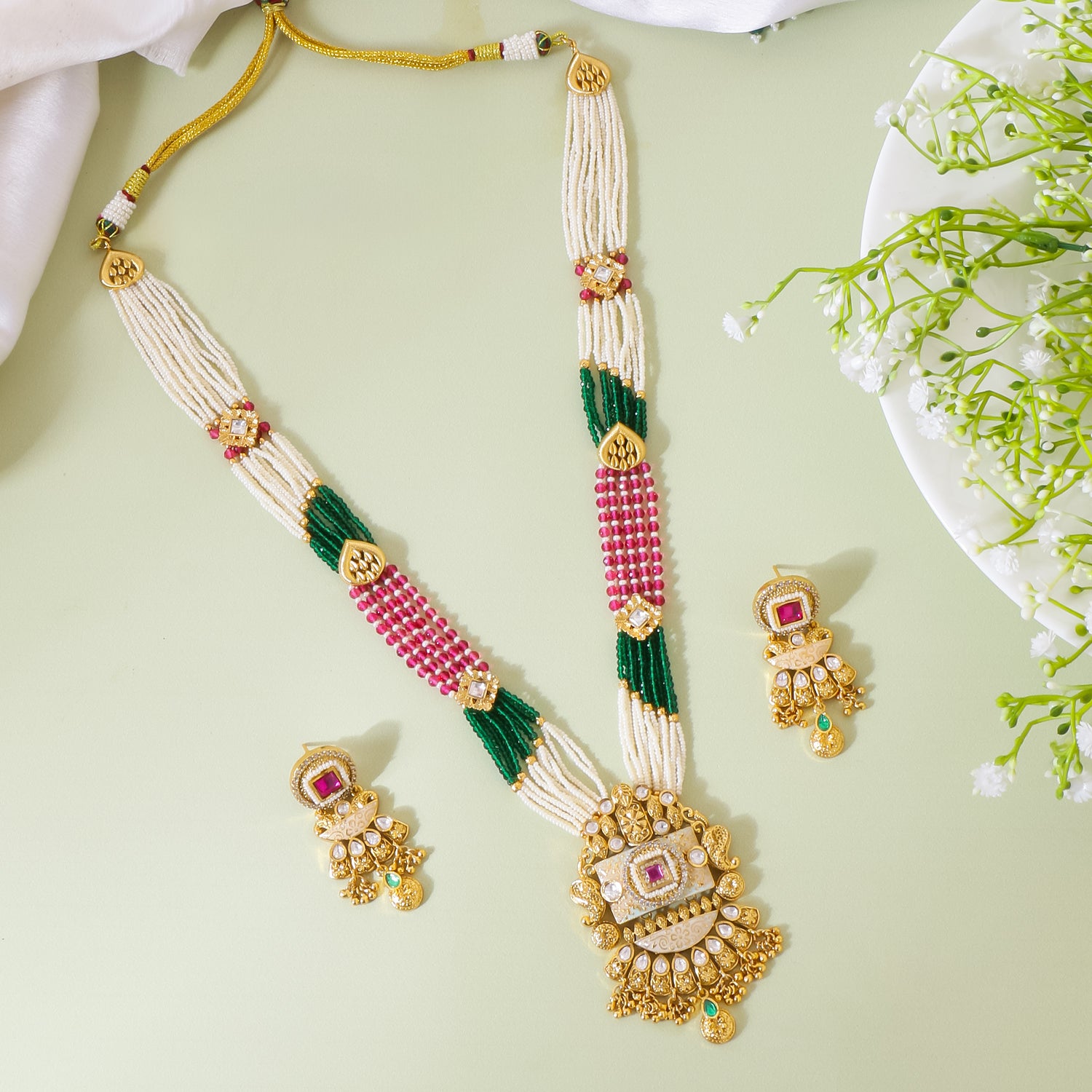 Itrani Rajwadi Gold Finish Polki Long Haar Necklace with Kidiya Moti & Emerald Ruby Stones