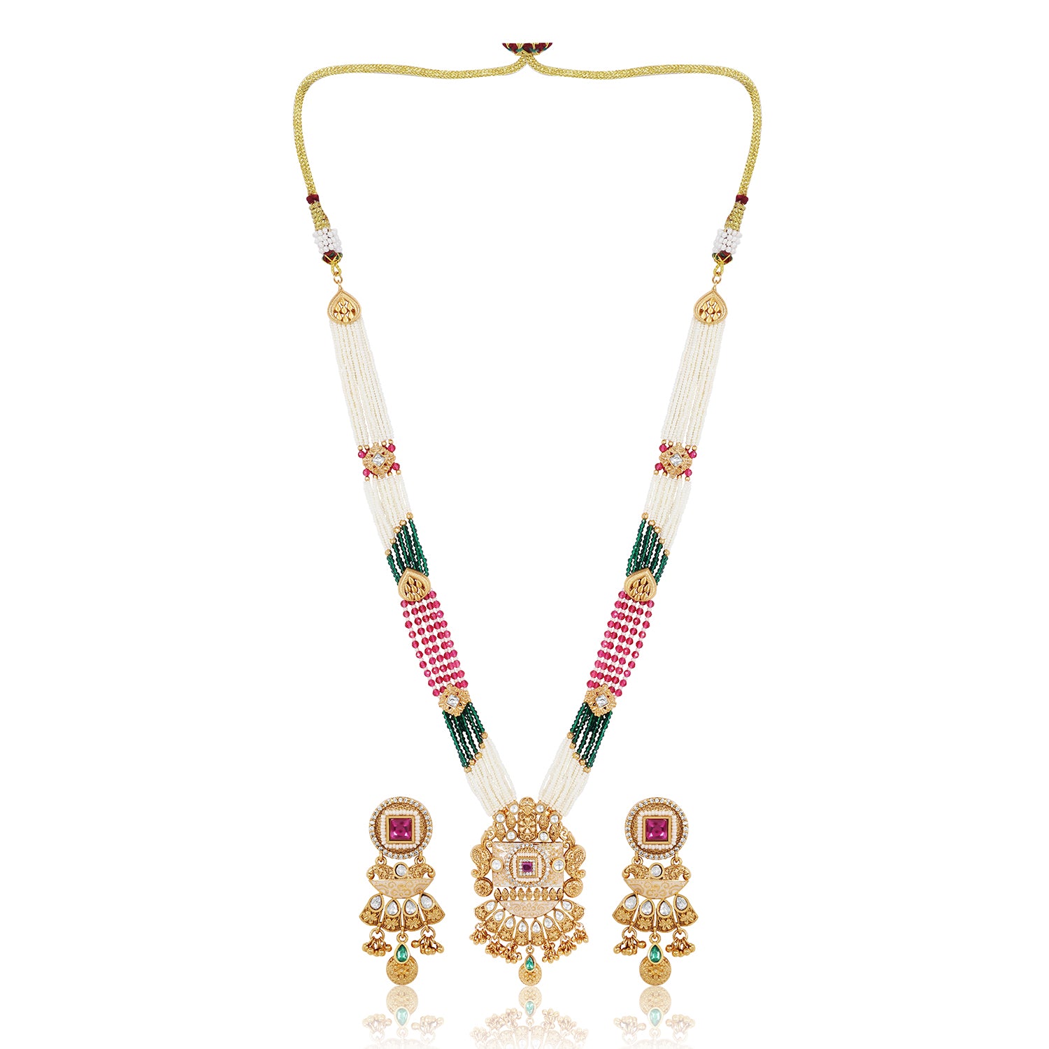 Itrani Rajwadi Gold Finish Polki Long Haar Necklace with Kidiya Moti & Emerald Ruby Stones