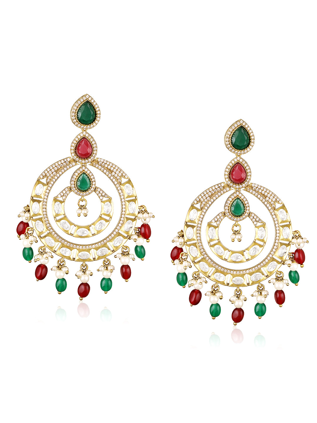 Itrani Royal Navratna Chandbali Double layer Earrings with Multi Colour Pearl Drops – Antique Gold Finish | Anti-Tarnish Brass Jewellery