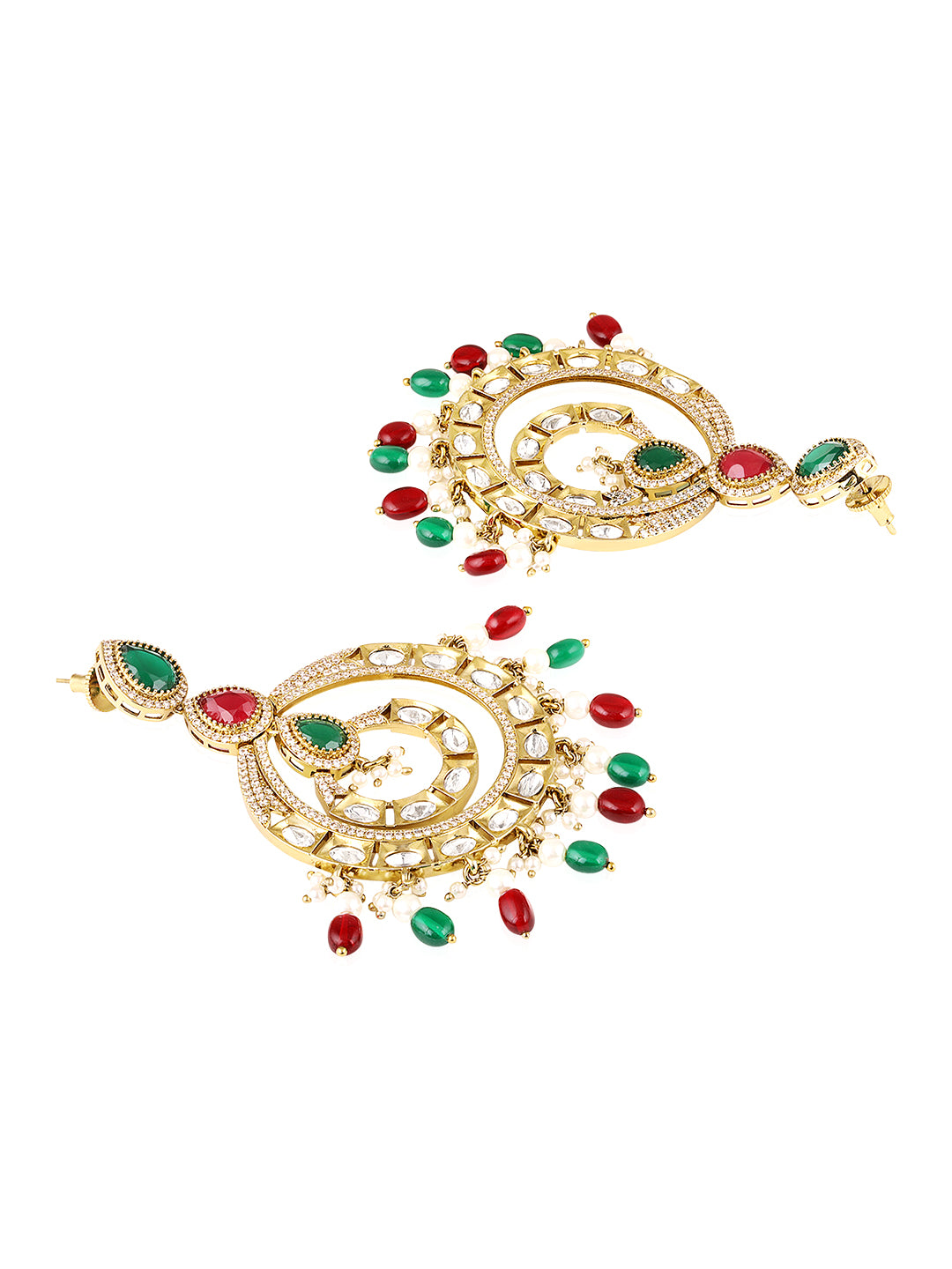 Itrani Royal Navratna Chandbali Double layer Earrings with Multi Colour Pearl Drops – Antique Gold Finish | Anti-Tarnish Brass Jewellery